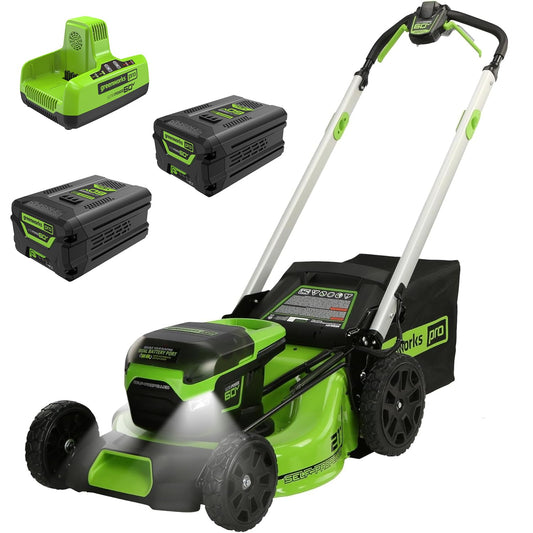 Greenworks 60V 21” Cordless (Push) Lawn Mower (LED Lights + Aluminum Handles), 5.0Ah Battery and Rapid Charger