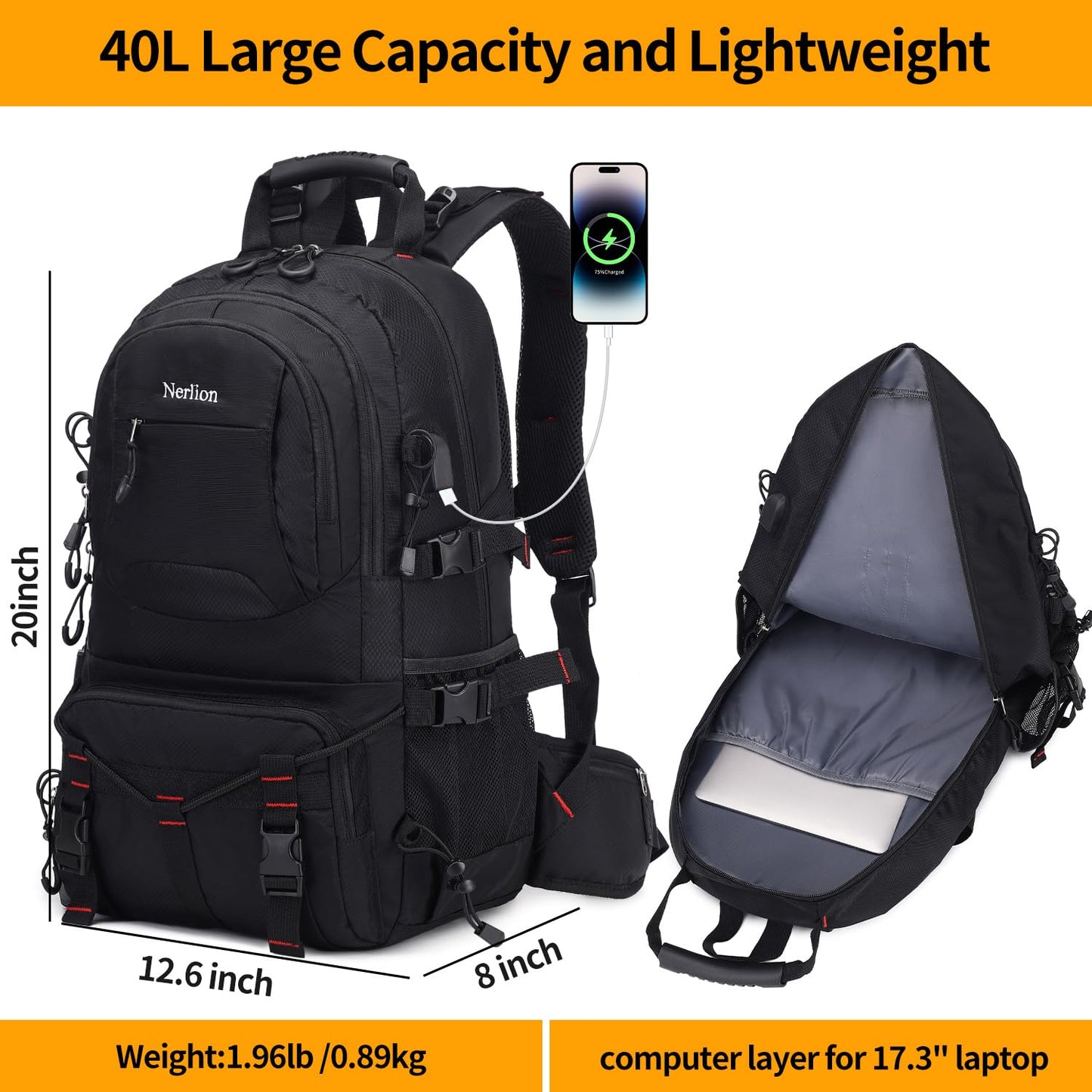 Nerlion 40L Hiking Backpack Travel Backpack for Men Women Camping Waterproof Outdoor Hiking Daypack Lightweight Backpack (Orange)