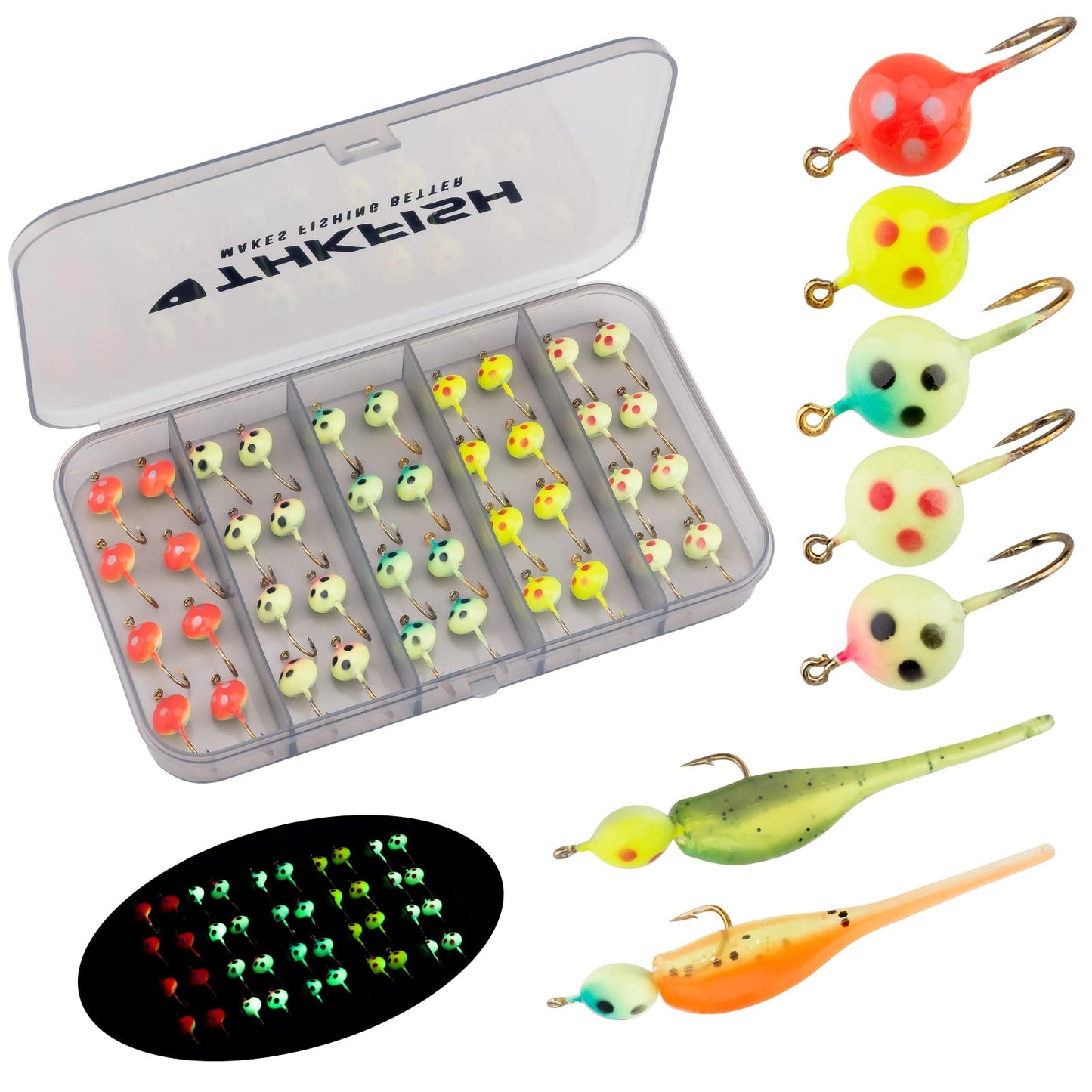THKFISH Ice Fishing Jigs Kit, Jigs Heads for Ice Fishing Gear, Ice Fishing Lures for Panfish, Crappie, Walleye, Perch, Trout and Bluegill 18/40/70pcs