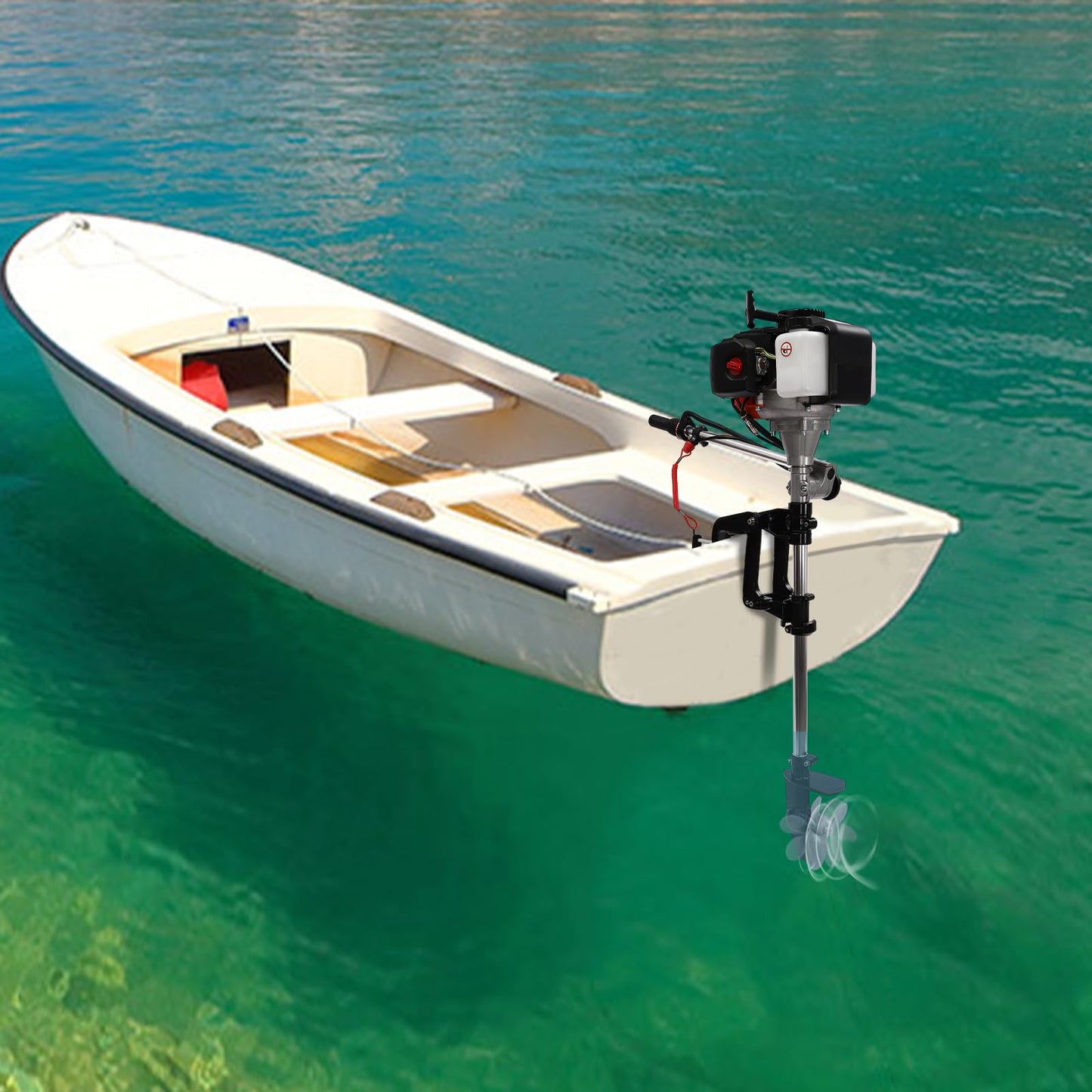 6HP Heavy Duty Outboard Motor, 170cc 4 Stroke Gas Outboard Boat Motor Engine with Air Cooling System, 3.2KW Single Cylinder Fishing Boat Engine for 3-7m Length