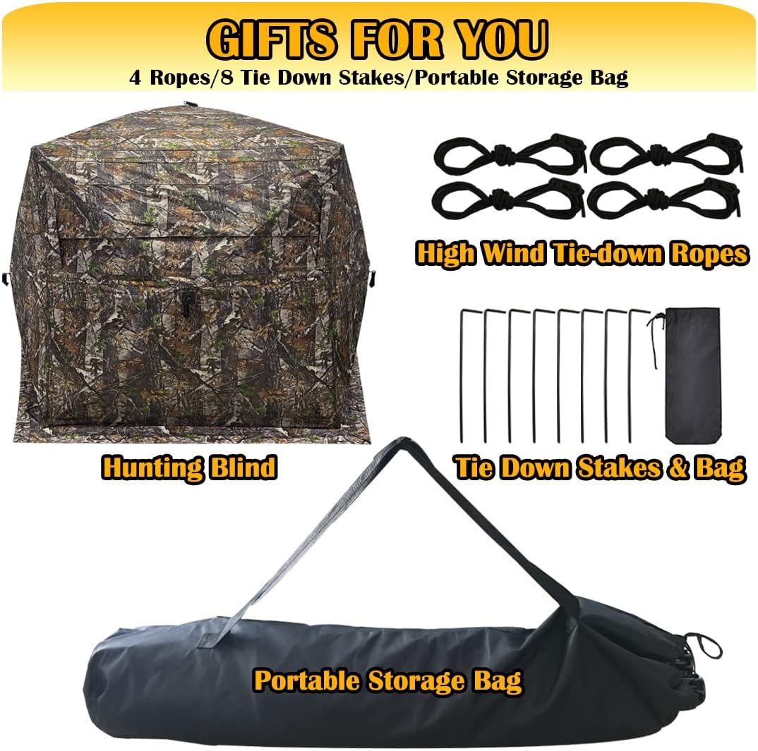 Extra Large Tall 3-4 Person 5-Sided Hunting Blind 288 Degree See Through Ground Camouflage Portable Pop Up Turkey Deer Blinds Tent