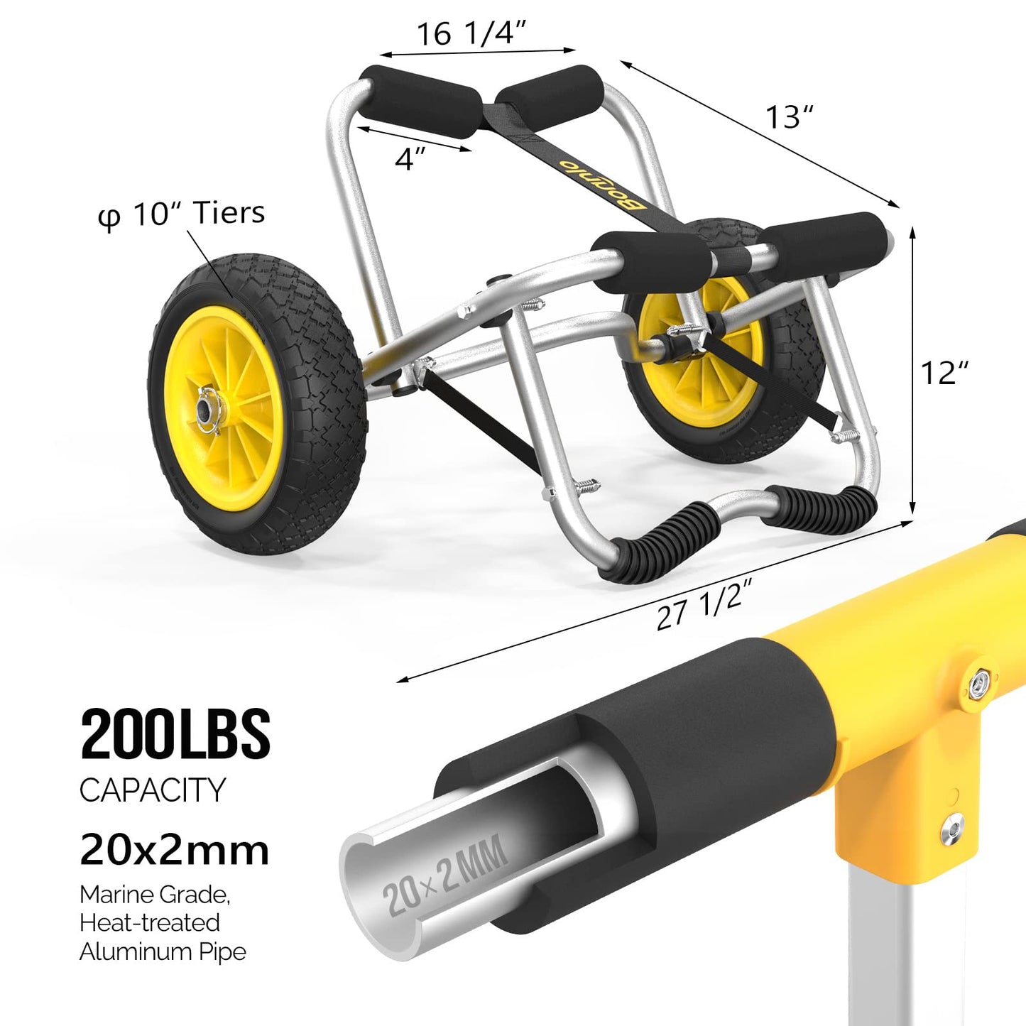 Bonnlo Kayak Cart Canoe Dolly Fishing Kayak Accessories Carrier Foldable Paddle Board Trolley Boat Trailer Transport with NO-Flat Airless Tires Wheels and 2 Ratchet Straps