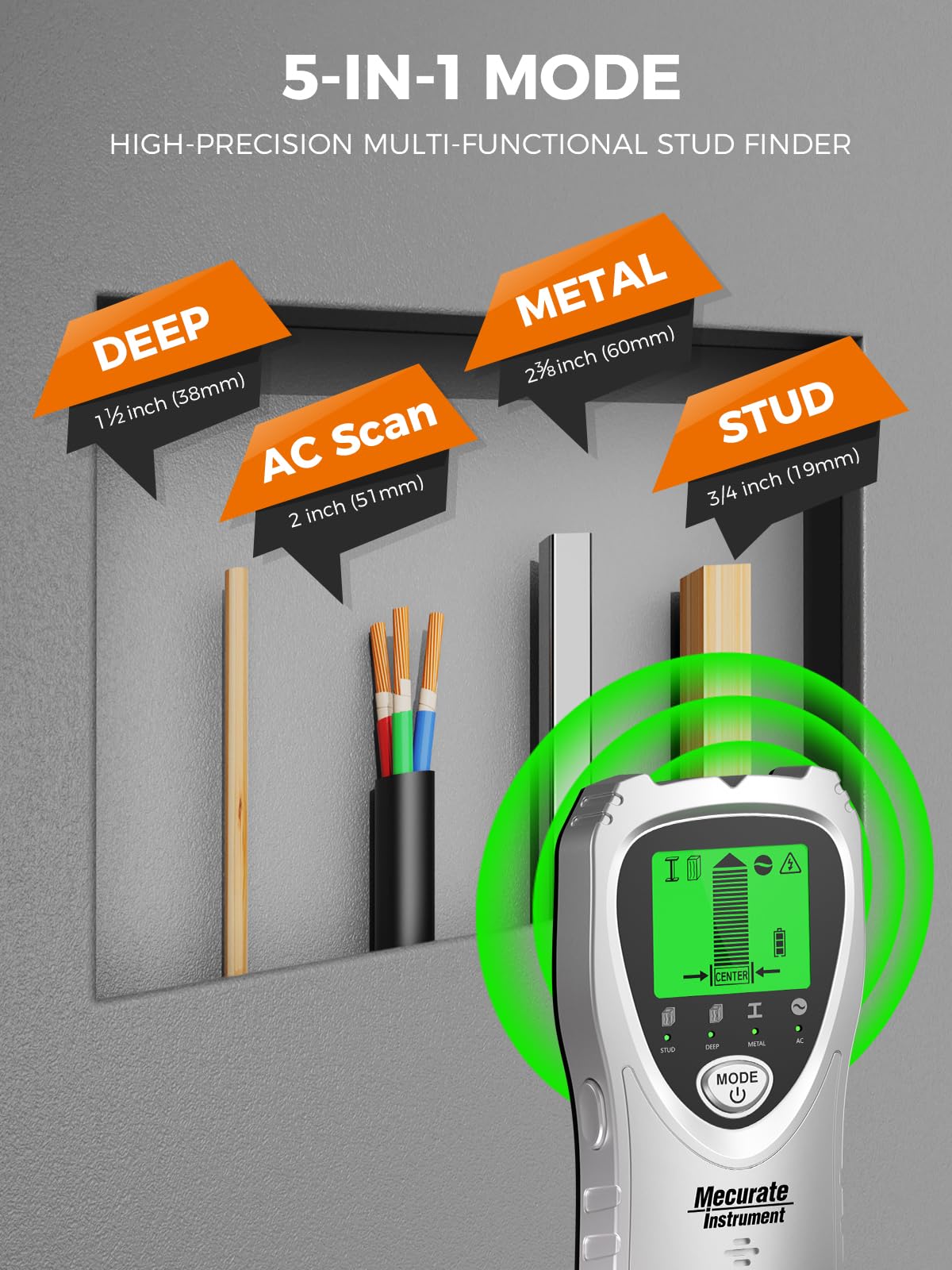 Mecurate Stud Finder Wall Scanner Sensor - 5 in 1 Electronic Stud with LCD Display & Audio Alarm for Wood AC Live Wire Metal Studs Detection Joist Pipe