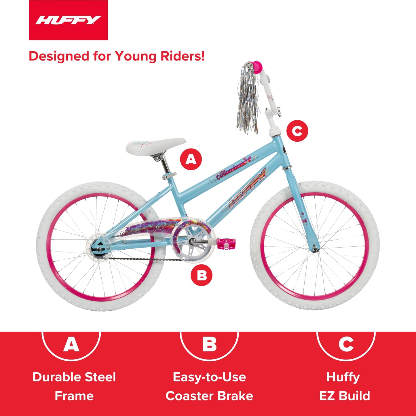 Huffy Illuminate 20” Girl’s Bike, Sky Blue Frame with Butterfly Graphics, Kickstand Included, Streamers and Chain Guard, White Tires and Pink Rims