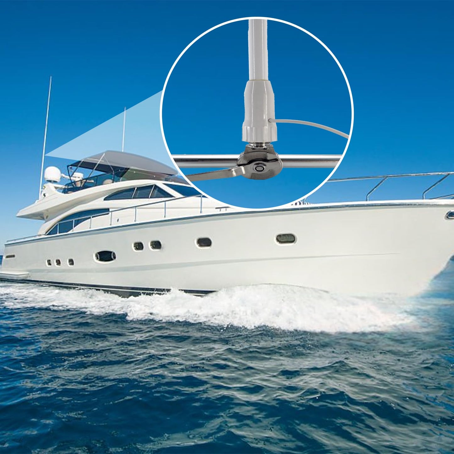 VM100 VHF Marine Radio Antenna,44 Inch Waterproof Fiberglass Boat Antenna with Adjustable Ratchet Fixed Mount and 16 ft RG-58U Cable