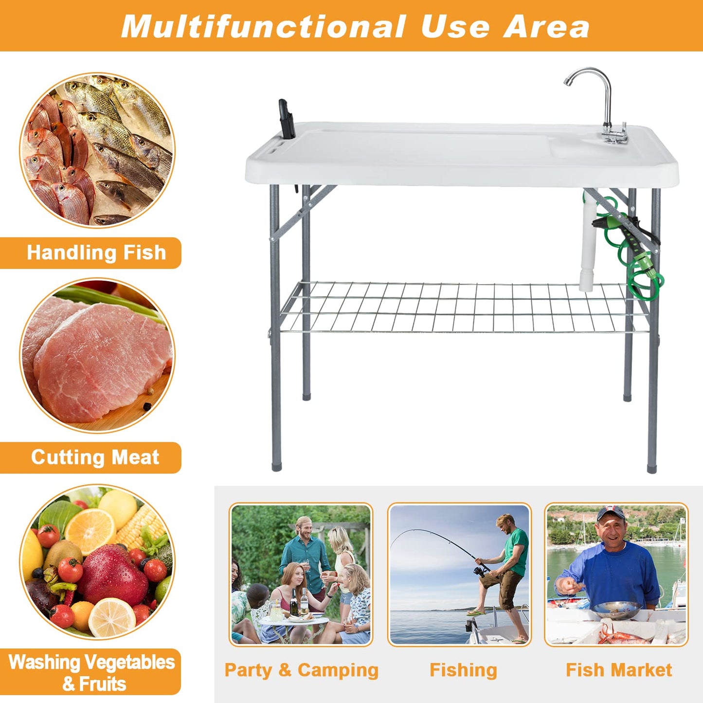 Folding Fish Cleaning Table Portable Camping Sink with Faucet Drainage Hose & Sprayer Outdoor Fillet Station Grid Rack Knife Groove for Picnic Fishing, Black