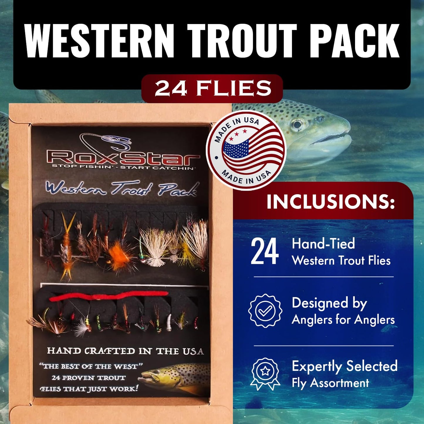 RoxStar Fly Fishing Shop | Proudly Hand Tied in The USA | Western Trout Fly Assortment | Top 24 Producing Trout Flies for The West | Gift Box Included | (24 Pack)