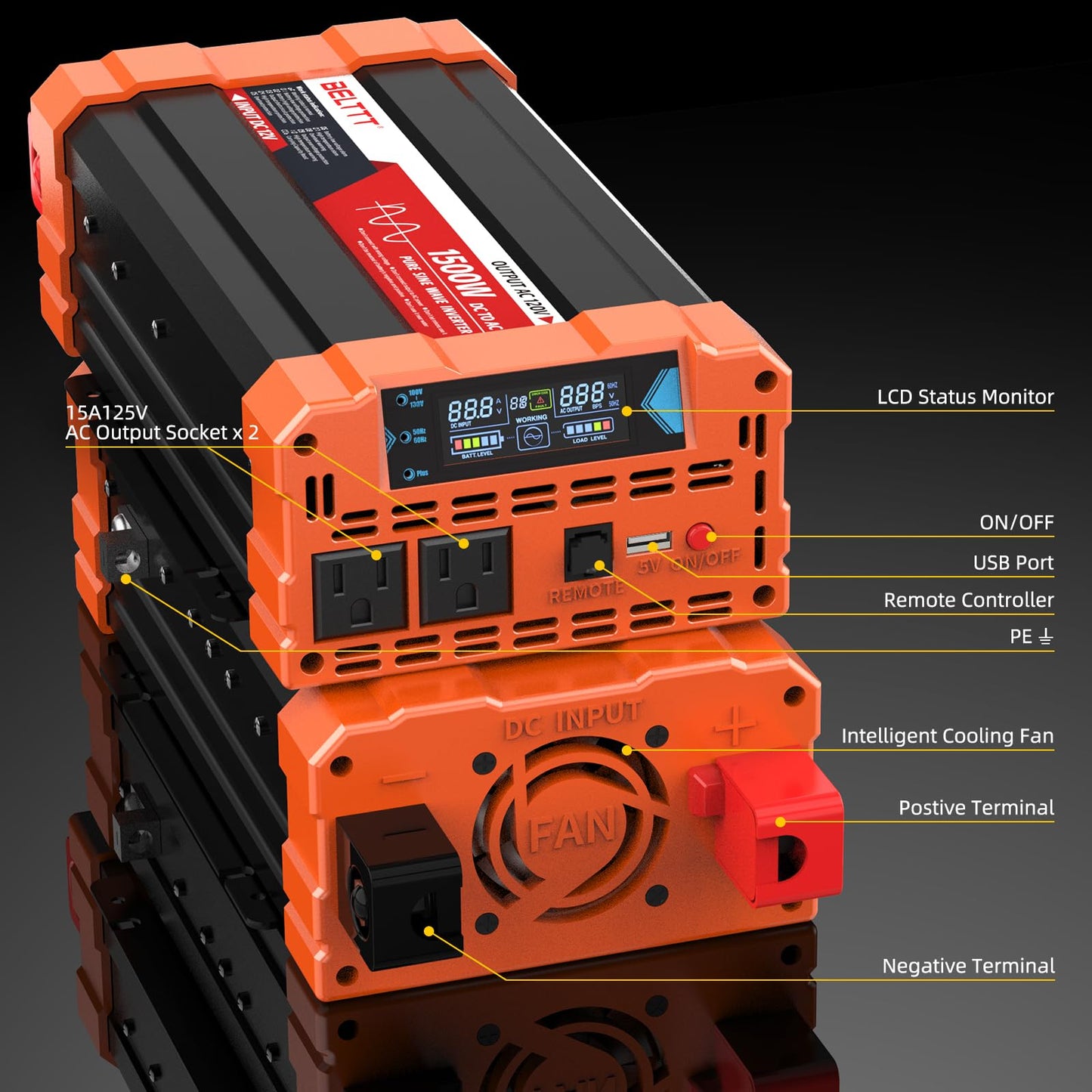 BELTTT 1000Watt Pure Sine Wave Inverter 12V DC to 120V AC for RV, Truck, Off-Grid Solar Car Power Inverter 12V to 110V Converter with Dual AC Socket and 5V 2.1A USB, Intelligent LCD, 2000W Peak