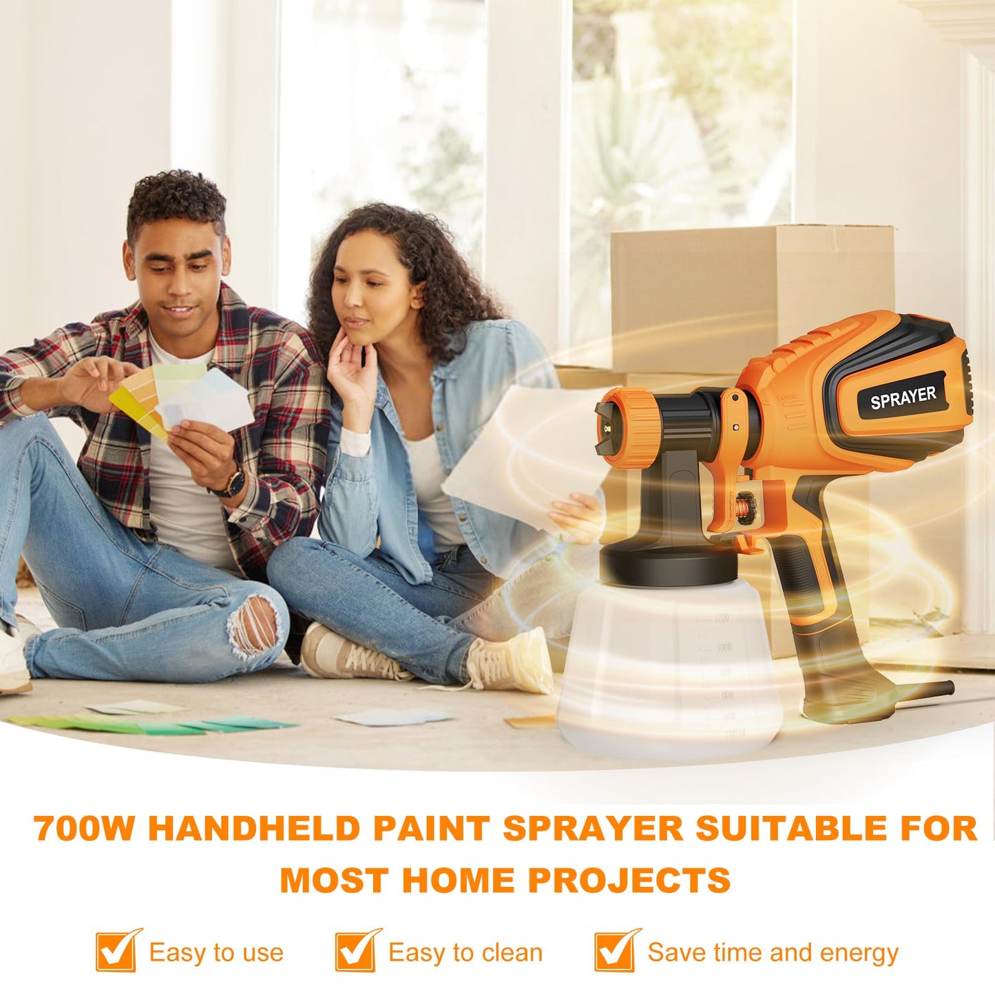 Paint Sprayer, 700W HVLP Spray Gun with Cleaning & Blowing Joints, 4 Nozzles and 3 Patterns, Easy to Clean, for Furniture, Cabinets, Fence, Walls, Door, Garden Chairs etc. VF803