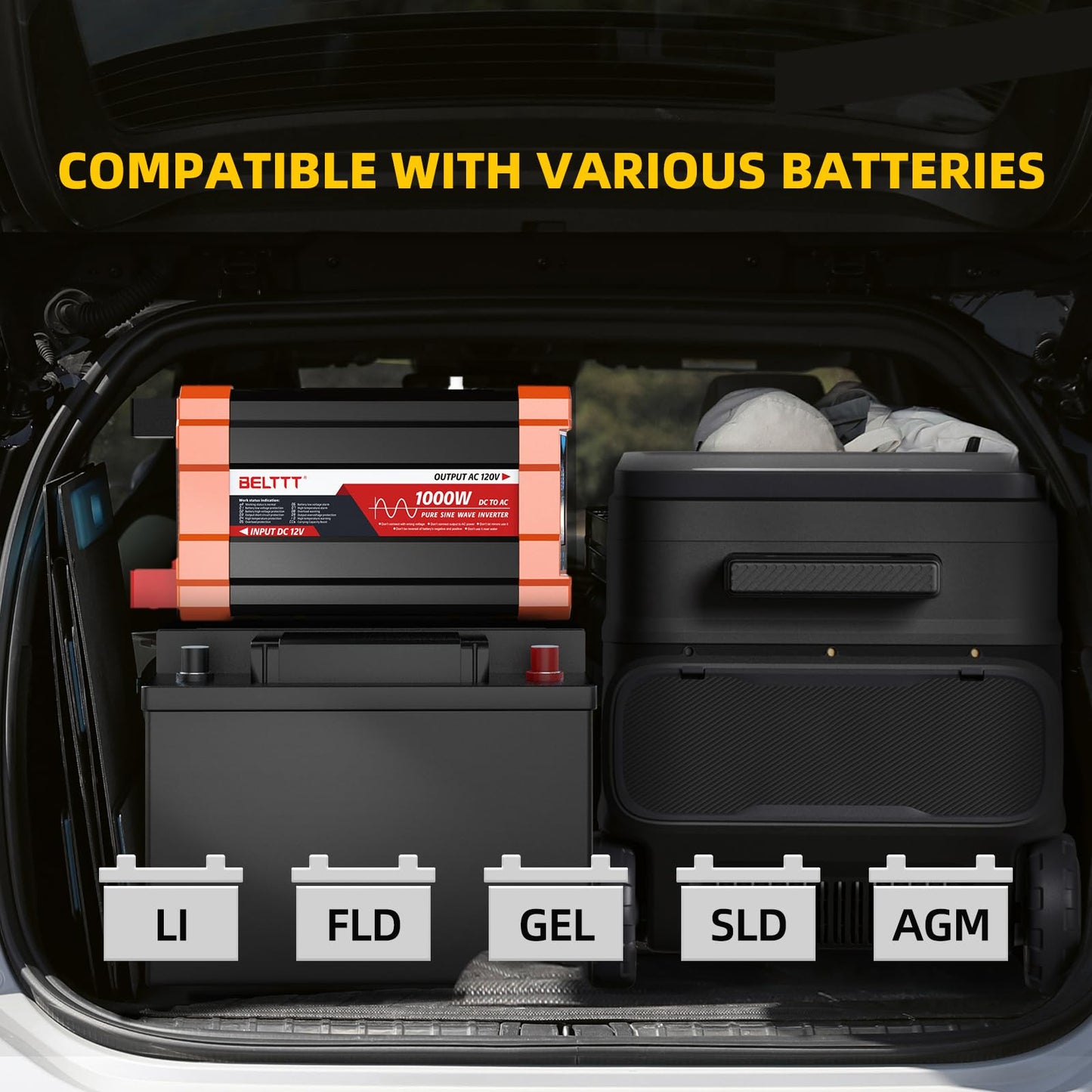 BELTTT 1000Watt Pure Sine Wave Inverter 12V DC to 120V AC for RV, Truck, Off-Grid Solar Car Power Inverter 12V to 110V Converter with Dual AC Socket and 5V 2.1A USB, Intelligent LCD, 2000W Peak