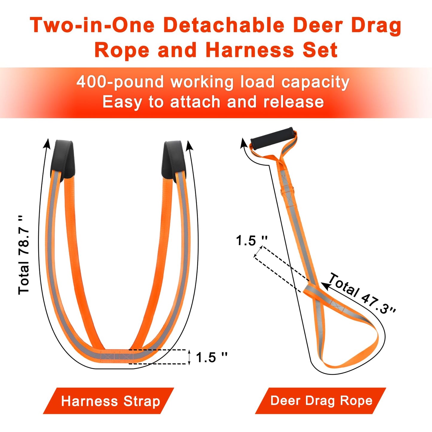 CHERAINTI Deer Drag Harness, Heavy Duty Deer Drag Strap Orange Deer Dragging Rope with Reflective Strip Soft Handle and Widen Shoulder Mens Deer Hunting Essentials Gear Accessories Gift for Hunters