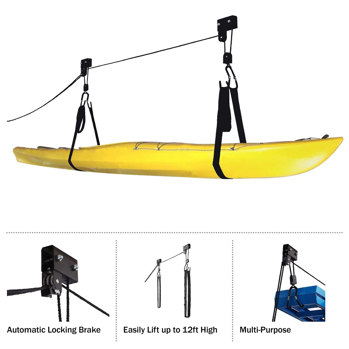 Kayak Storage Hoist - Overhead Pulley System with 125lb Capacity for Canoes, Bikes, Ladders, and More - for up to 12-Foot Ceilings