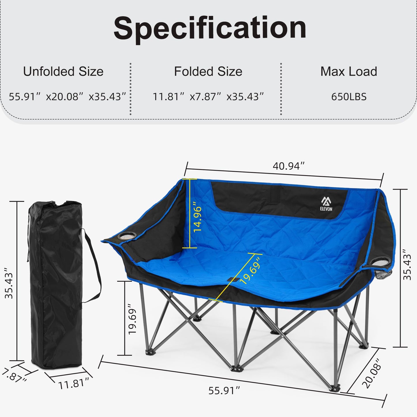 Camping Chair, Oversized Loveseat Double 2 Person Outdoor Chair with Arms, Cup Holder and Carry Bag, Heavy-Duty Collapsible Chair for Outside,Black/Gray