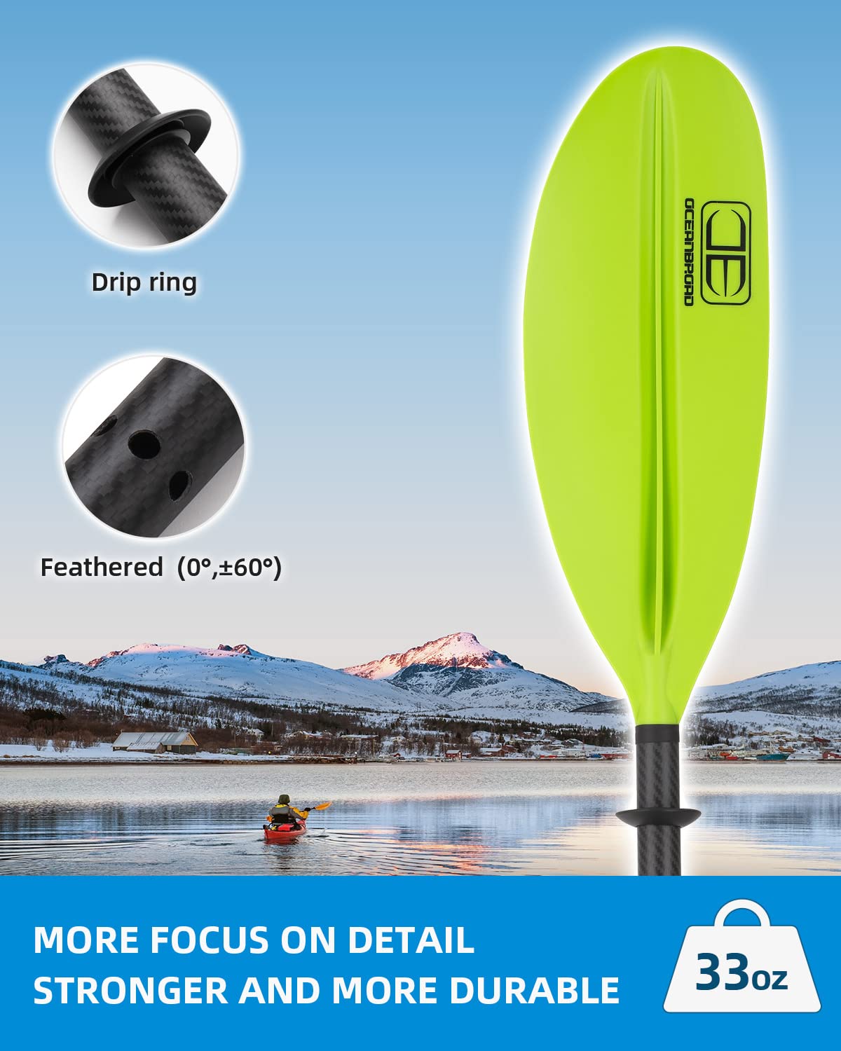 OCEANBROAD Carbon Fiber Kayak Paddle 90.5in/230cm, 86in/218cm for Adults Kayaking Boating Canoeing Oar with Paddle Leash