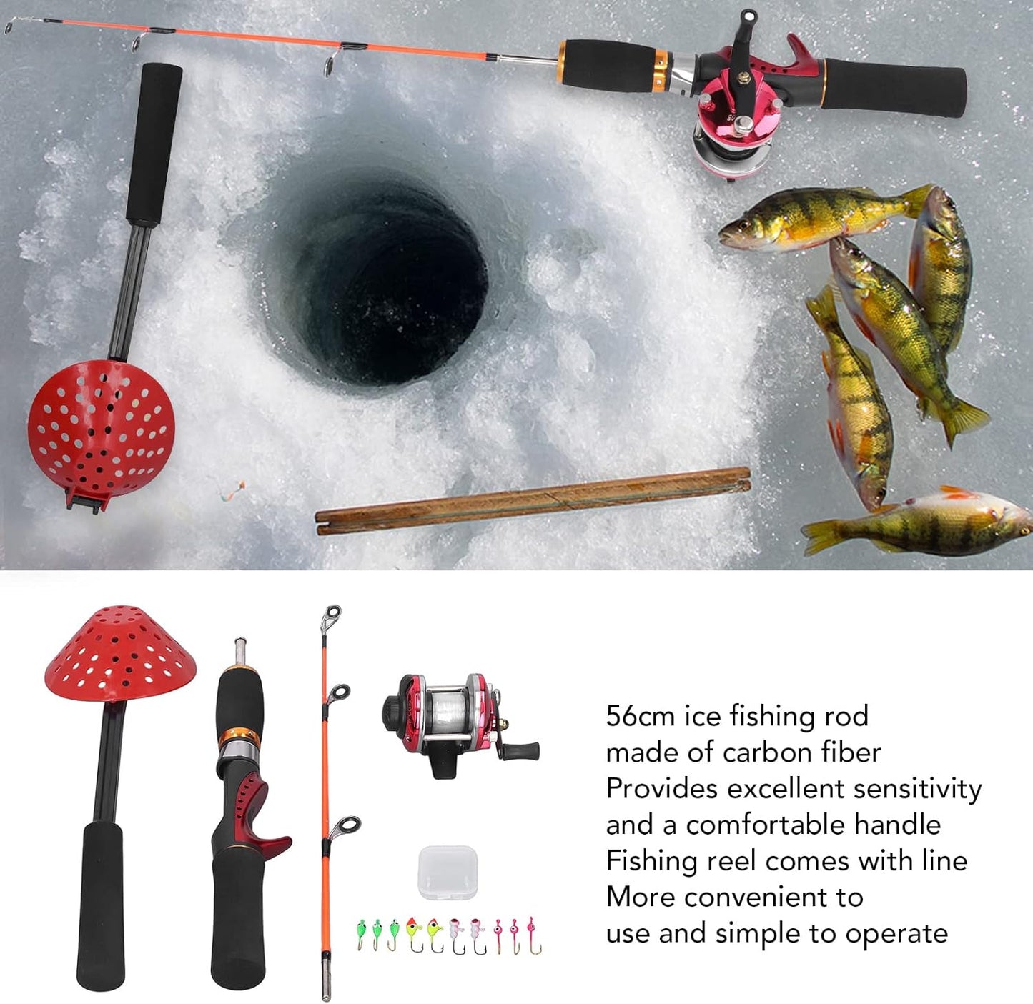 PerGar Ice Fishing Rod Reel Combo, Carbon Fiber Rod, 56cm, Ice Casting, Adult, Fish, 9.1oz, 8lb Monofilament Line, Medium Power, Includes Rod Handle, Reel, Hook Storage Box, Spoon, 10 Hooks