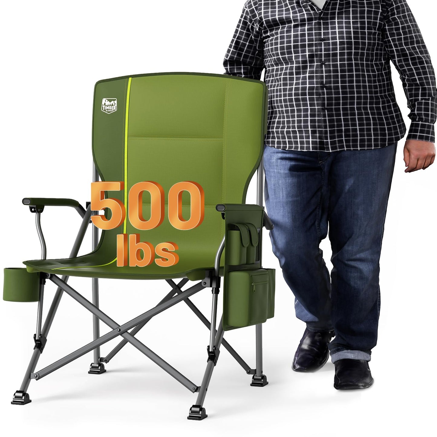 TIMBER RIDGE Oversized Folding Camping Chair High Back Heavy Duty for Adults Support up to 500lbs with Cup Holder, Side Pocket Cooler Bag