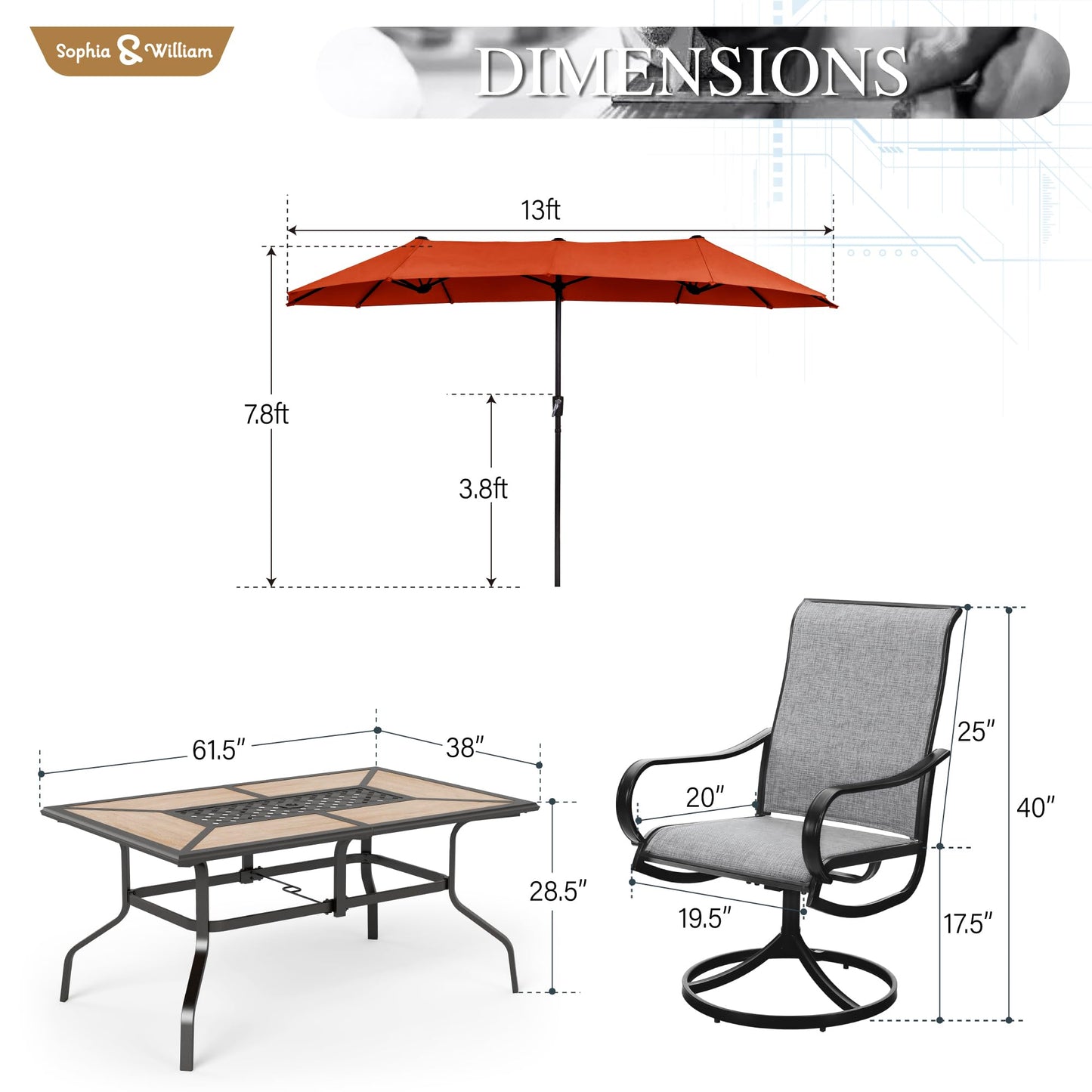Sophia & William Patio Set with Umbrella 8 Pieces Outdoor Dining Set for 6 with 13ft Double-Sided Patio Umbrella Beige, 6 x Swivel Patio Chairs, 1 Metal Table for Lawn Garden