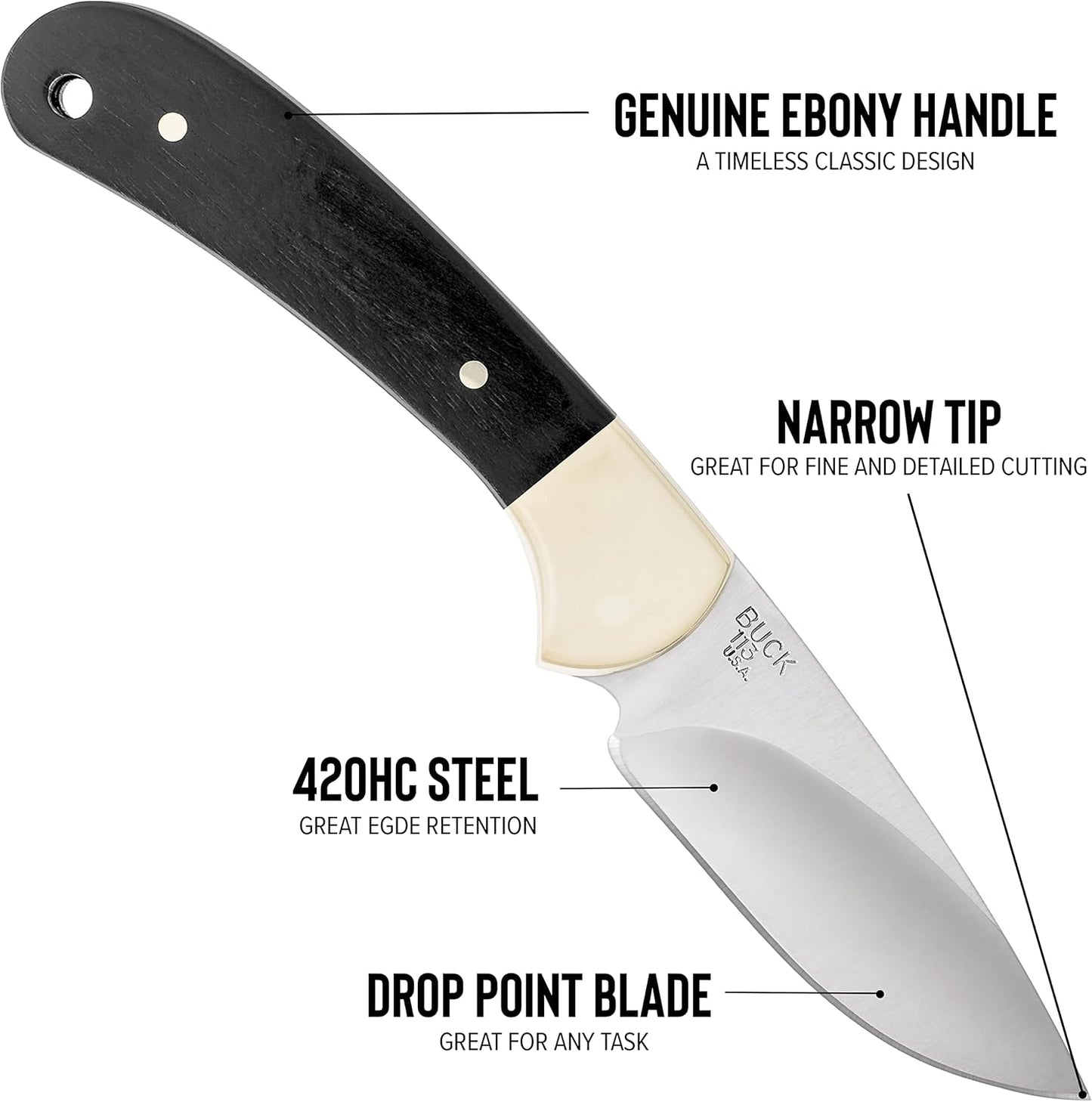 Buck Knives 113 Ranger Skinner Fixed Blade Hunting Knife 3 1/8" Skinner Blade, Genuine Ebony Handle