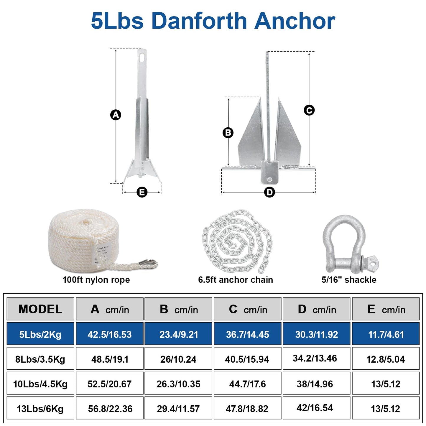 Leero Heavy Duty Boat Anchor Kit with Anchor Chain, Shackle and Anchor Rope, 5/8/10 lb Portable Danforth Anchor, Boat Anchor for Pontoons, Fishing Boats, Bass Boats, Sport Boats, Sport Yachts
