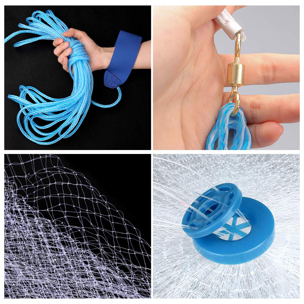 Yeahmart American Saltwater Fishing Cast Net for Bait Trap Fish 3ft/4ft/5ft/6ft/7ft/8ft/9ft/10ft Radius Casting Nets with Heavy Duty Real Zinc Sinker Weights, 3/8inch Mesh Size