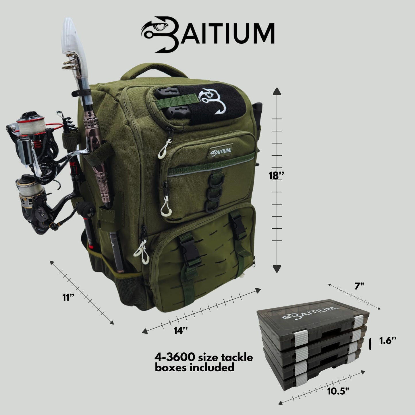 Fishing Backpack, Tackle Bag With Rod Holders, 40L Capacity With Cooler, Rain Cover, Insulated Pocket, 4 Tackle Trays Included- (Green)