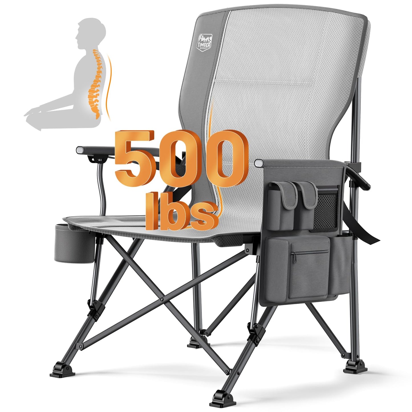 TIMBER RIDGE Oversized Folding Camping Chair High Back Heavy Duty for Adults Support up to 500lbs with Cup Holder, Side Pocket Cooler Bag