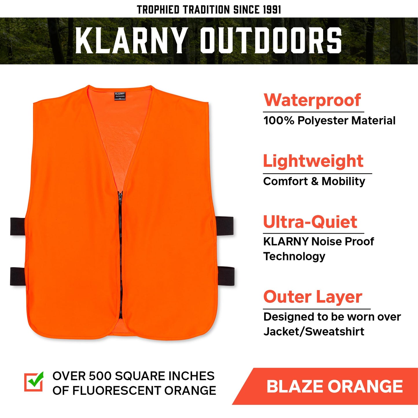 Klarny Orange Safety Vest, High-Visibility, Waterproof Deer and Bow Hunting Gear, Quiet Hunter Vests and Hunting Accessories