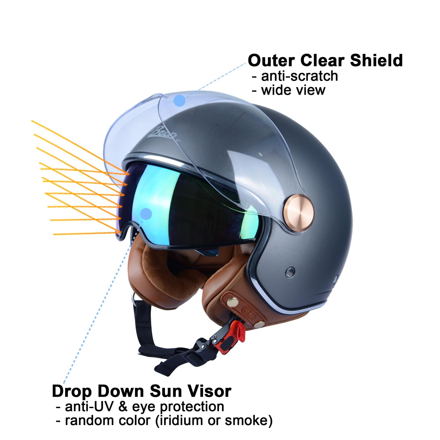 Open Face Motorcycle Helmet for Adults, DOT Approved,3/4 Retro Vespa Helmet, Dual Visors Men's and Women's Motorbike Casco for Moped Cruiser Bobber and Chopper