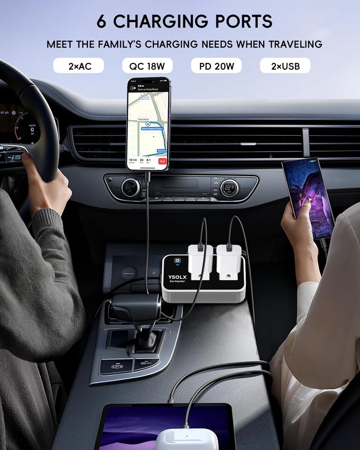 YSOLX 200W Car Power Inverter, DC 12V to 110V AC Inverter, Car Charɡer Adapter with 20W USB-C/USB-QC(18W)/4.8A Dual USB/Dual AC Outlet, Car Pluɡ Adapter Outlet for Laptop/Road Trip