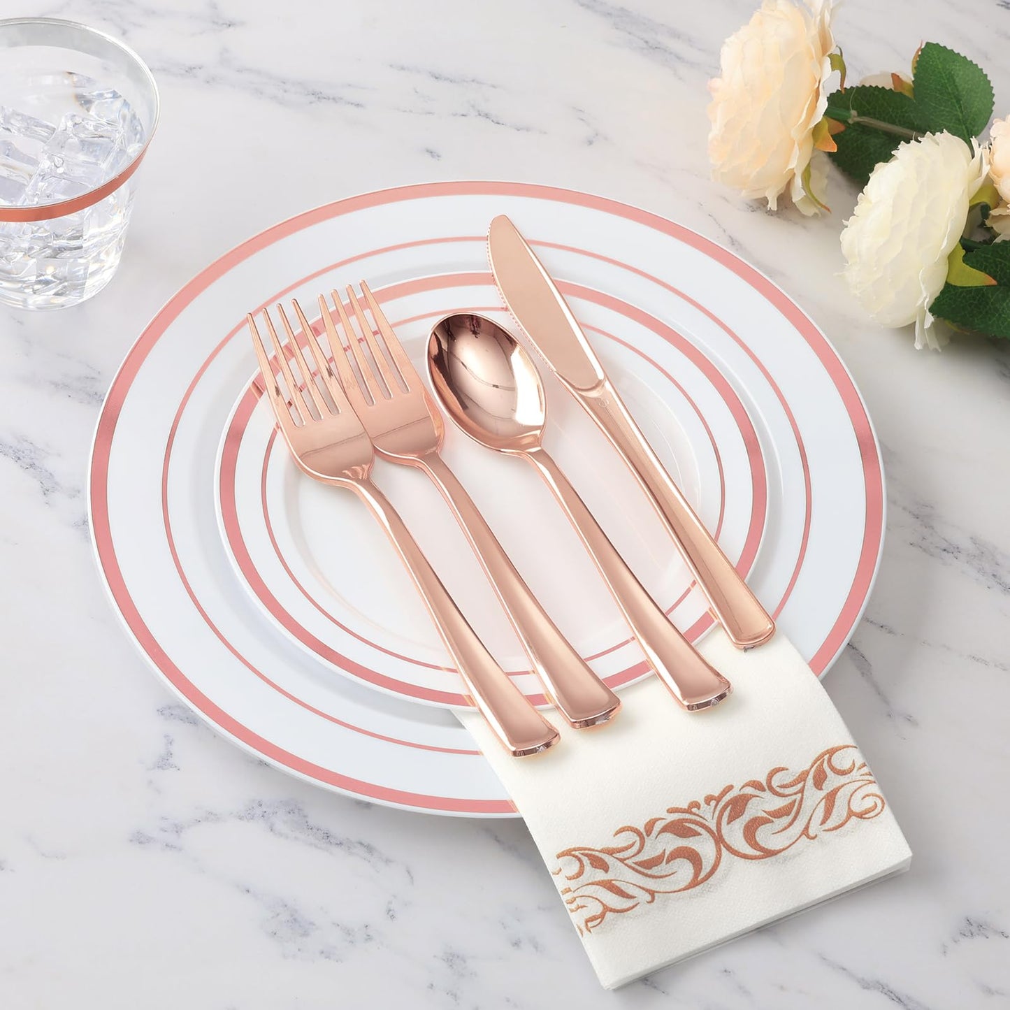 Goodluck 700 Piece Silver Dinnerware Set for 100 Guests, Disposable Plastic Plates for Party, Include: 100 Dinner Plates, 100 Dessert Plates, 100 Paper Napkins, 100 Cups, 100 Silverware set