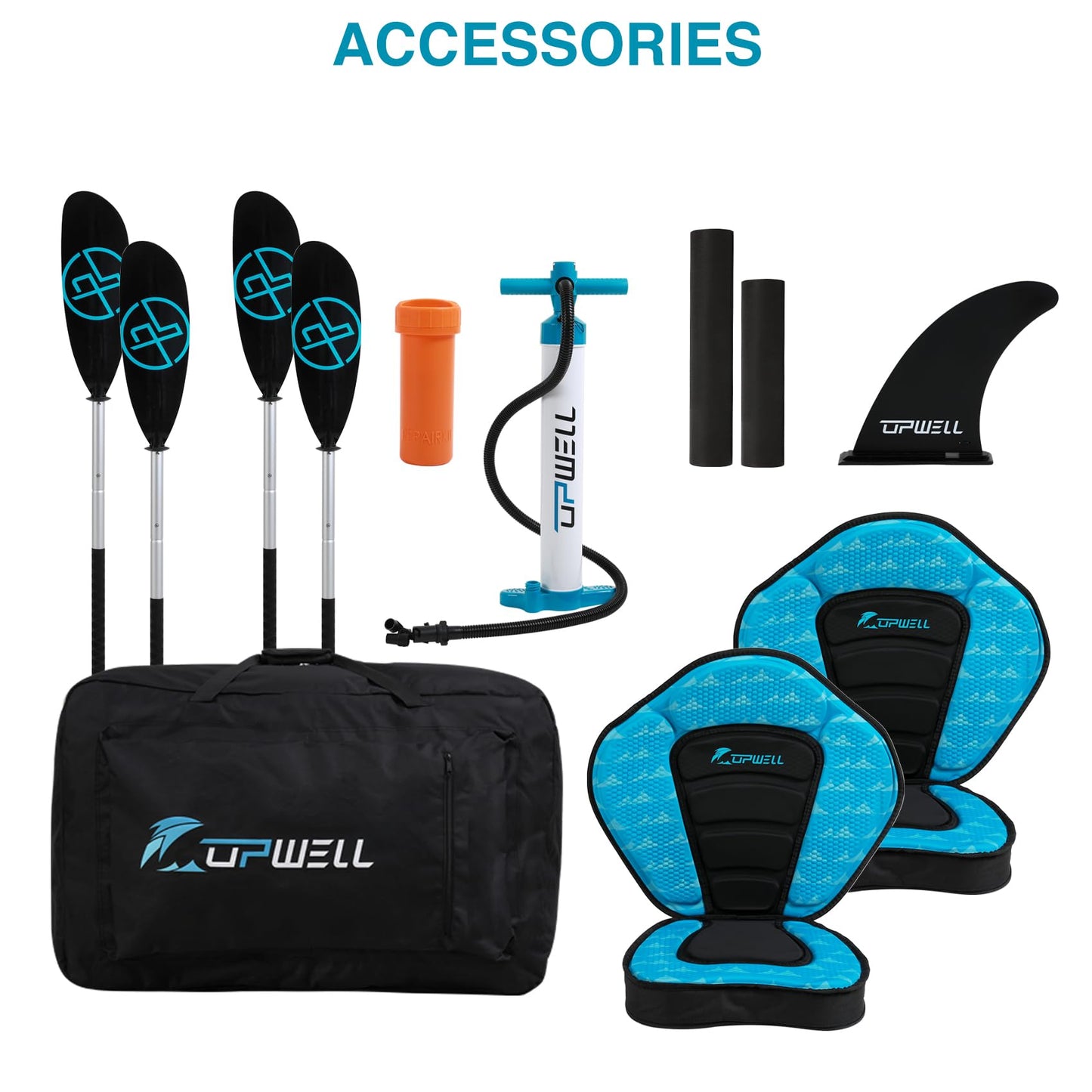 UPWELL 13'6”/11' Inflatable Recreational Kayak - 2 Person with Drop Stitch Floor and Accessories Including Kayak Seats with High Back Support, Paddle, Fin, Repair Kits, Carry Bag and Hand Pump