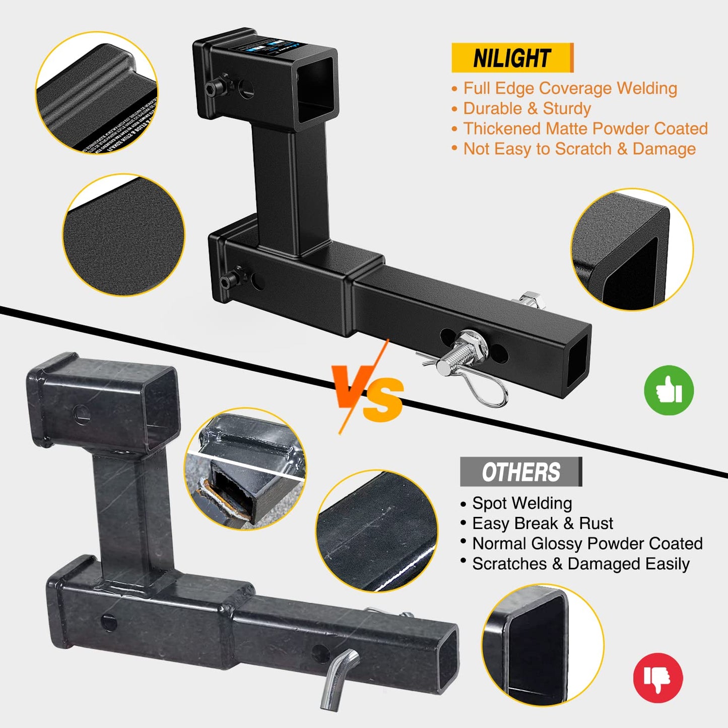 Nilight Trailer Hitch Receiver Extender Adapter Reducer 1-1/4 to 2Inch Hitch Adapter 6-1/2 inch Extension Sleeve Convertor 350Lbs with 1/2-Inch Diameter Pin and Clip with 5/8-Inch Adapter