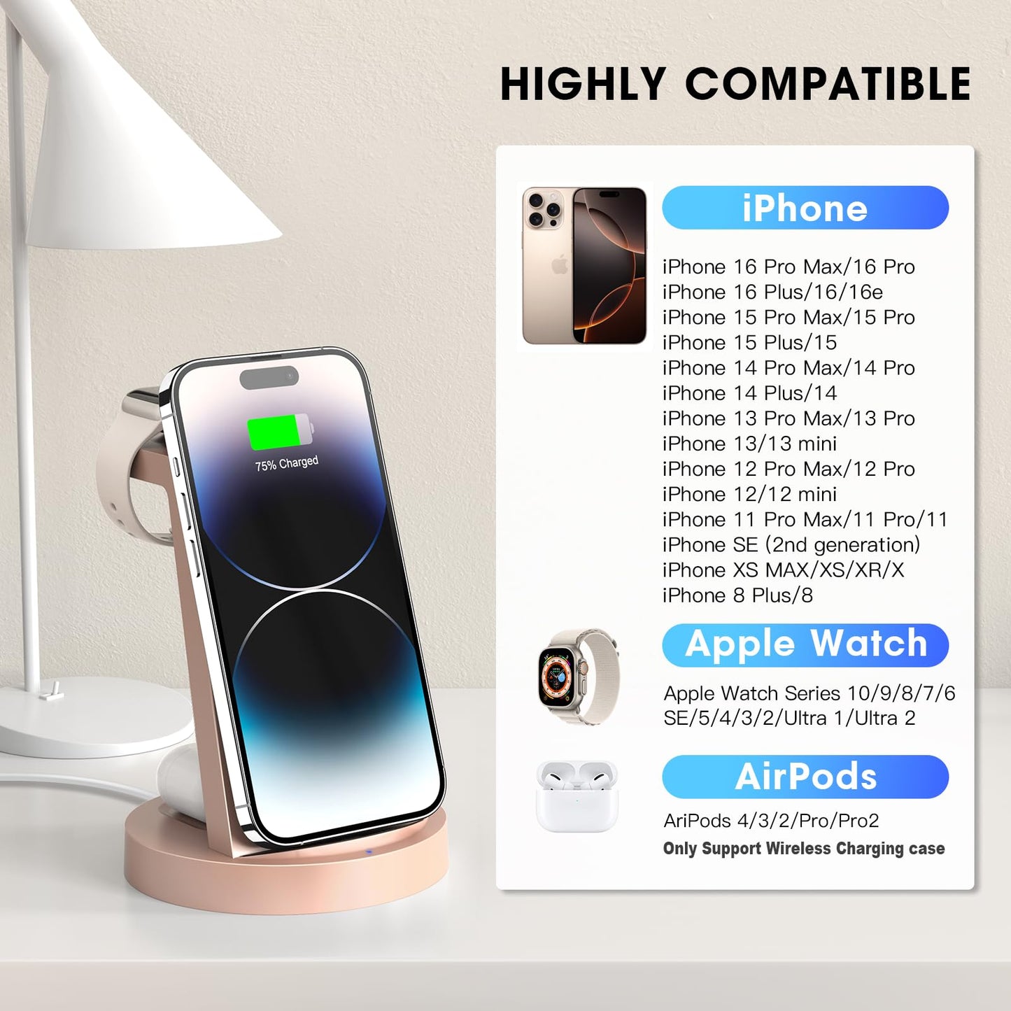 3 in 1 Charging Station for iPhone, Wireless Charger for iPhone 16e 16 15 14 13 12 11 X Pro Max & Apple Watch - Wireless Charging Station for AirPods 4 3 Pro