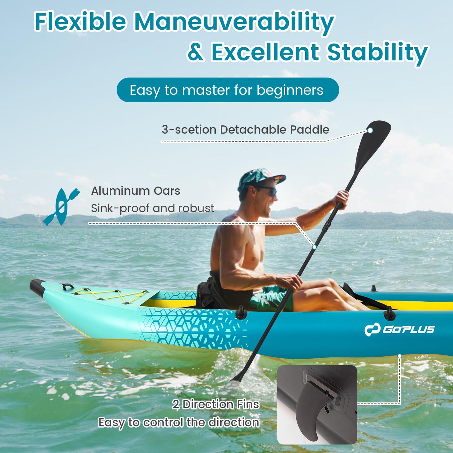 Goplus Inflatable Kayak, 2-Person Kayak Set for Adults with 507 LBS Weight Capacity, 2 Aluminium Oars, EVA Padded Seat, 2 Fins, Hand Pump, Carry Bag, Repair Kit, Portable Touring Kayaks