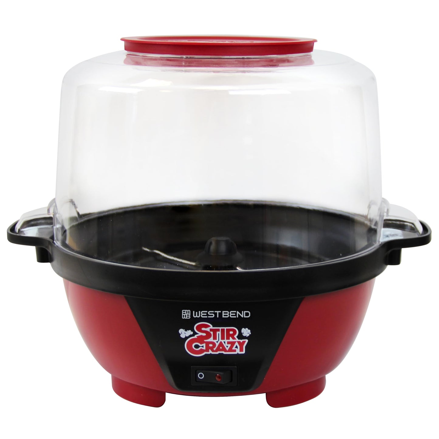 West Bend Stir Crazy Hot Oil Popcorn Popper, Popcorn Maker Machine with Large Serving Bowl Lid and Stirring Rod Perfect for Movie Night Snack Time or Parties, 6-Quart, Red