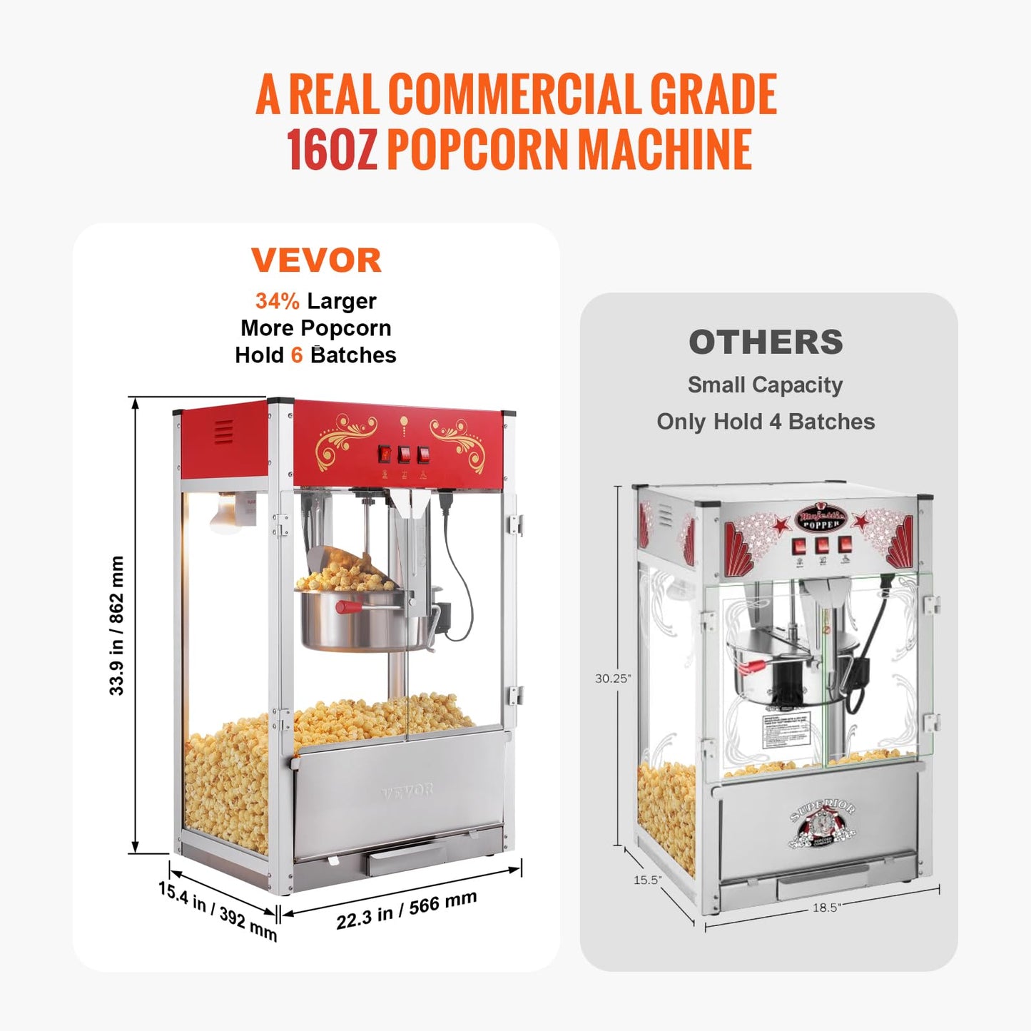 VEVOR Commercial Popcorn Machine, 8 Oz Kettle, 850 W Countertop Popcorn Maker for 48 Cups per Batch, Theater Style Popper with 3-Switch Control Steel Frame Tempered Glass Doors 2 Scoops 2 Spoons, Red