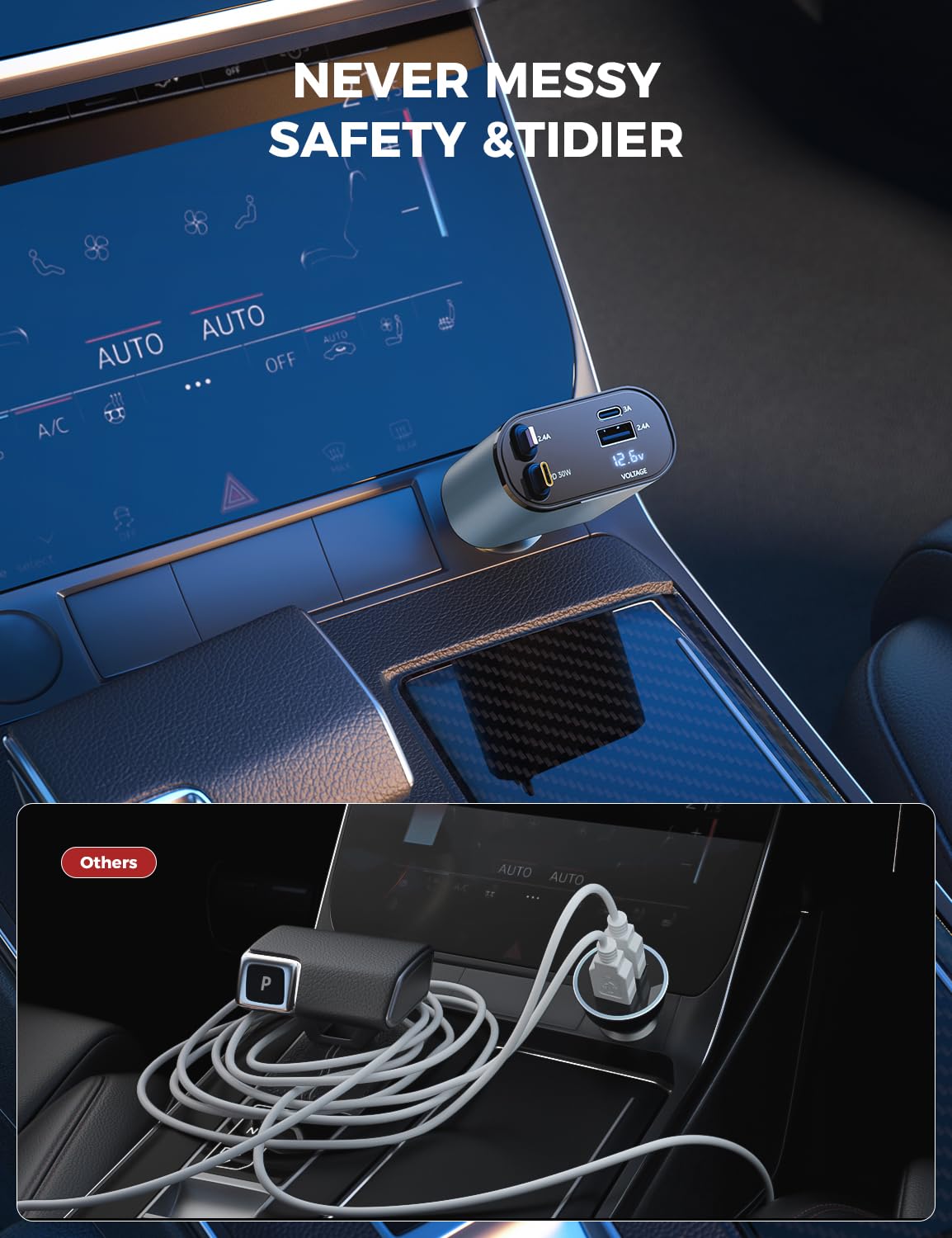 【Upgraded】 SUPERONE Retractable Car Charger 4 in 1, Fast Car Phone Charger with Cord 2.6ft, USB C and Apple Car Adapter, Compatible with iPhone 16 15/15 Pro Max/14/13/12/11, Galaxy, Pixel