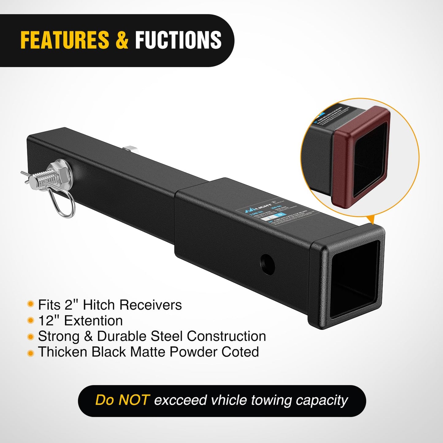 Nilight Trailer Hitch Receiver Extender Adapter Reducer 1-1/4 to 2Inch Hitch Adapter 6-1/2 inch Extension Sleeve Convertor 350Lbs with 1/2-Inch Diameter Pin and Clip with 5/8-Inch Adapter