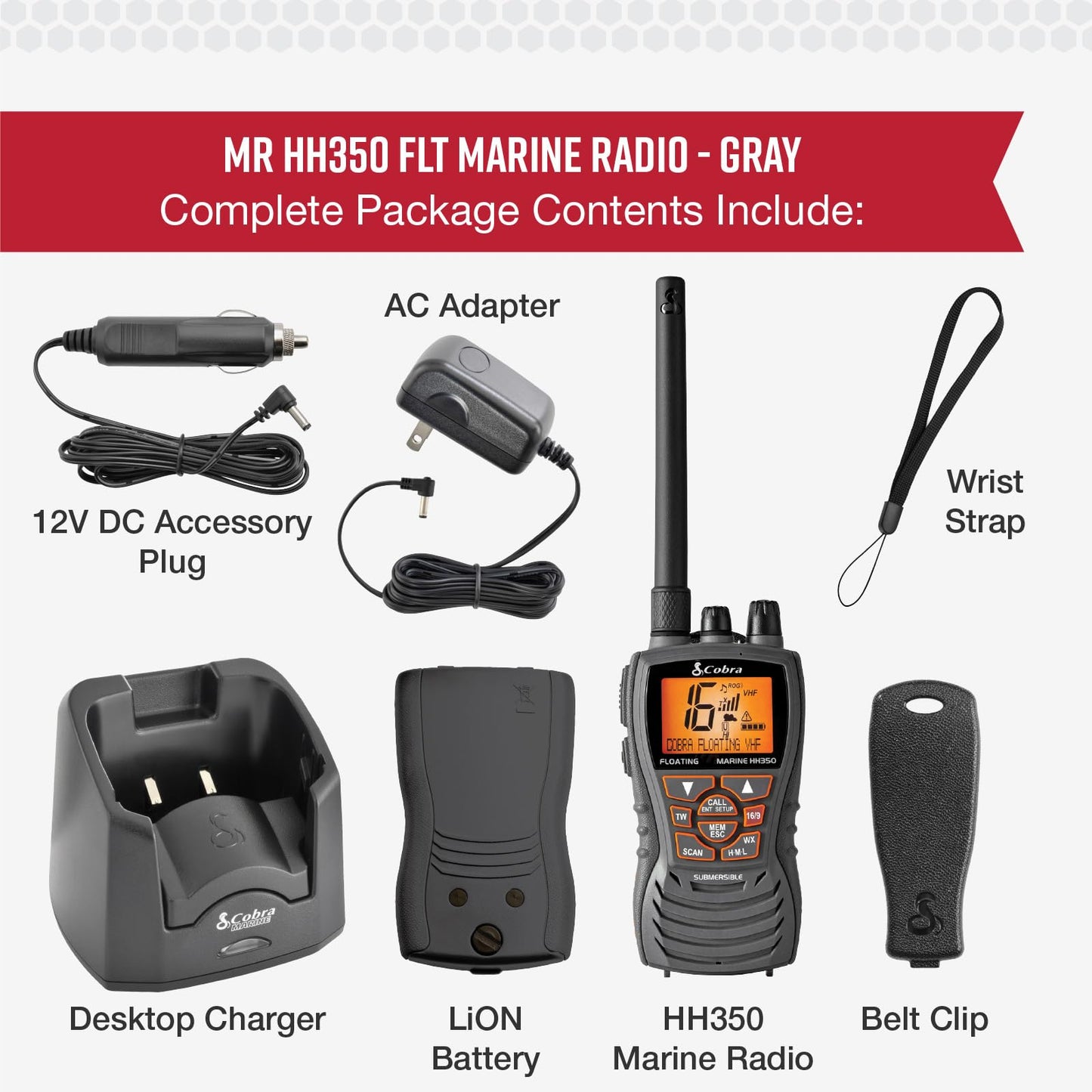 Cobra MR HH350 FLT Handheld Floating VHF Radio - 6 Watt, Submersible, Noise Cancelling Mic, Backlit LCD Display, NOAA Weather, and Memory Scan, Grey