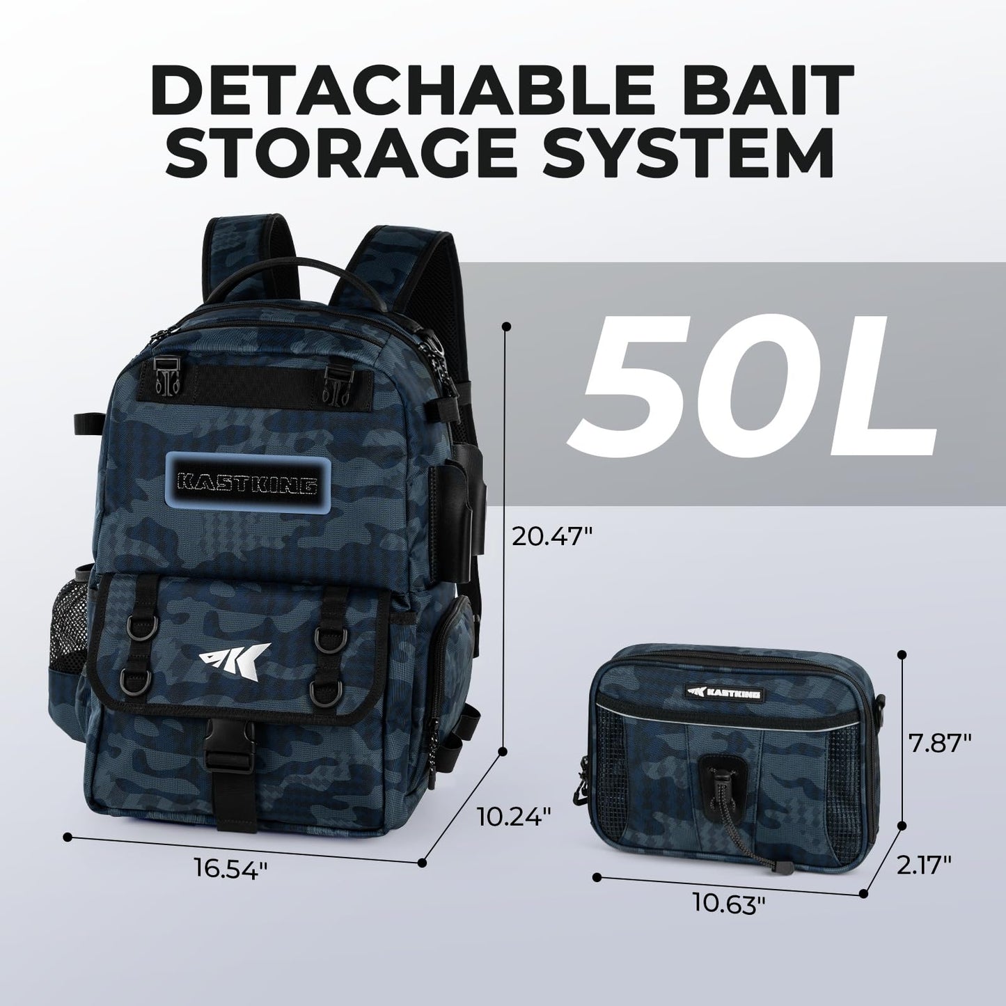 KastKing BaitSpace 50L Fishing Tackle Backpack with Removable Bait Binder & 4 Tackle Boxes, Rod Holders Storage Fishing Gear