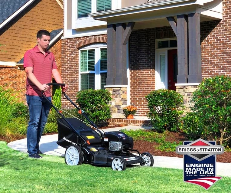 Yard Force Self Propelled Lawn Mower Briggs & Stratton 150cc Gas Engine 22-inch Steel Deck 3-in-1 Mulch, Bag, Side Discharge, 12-inch High Rear Wheels