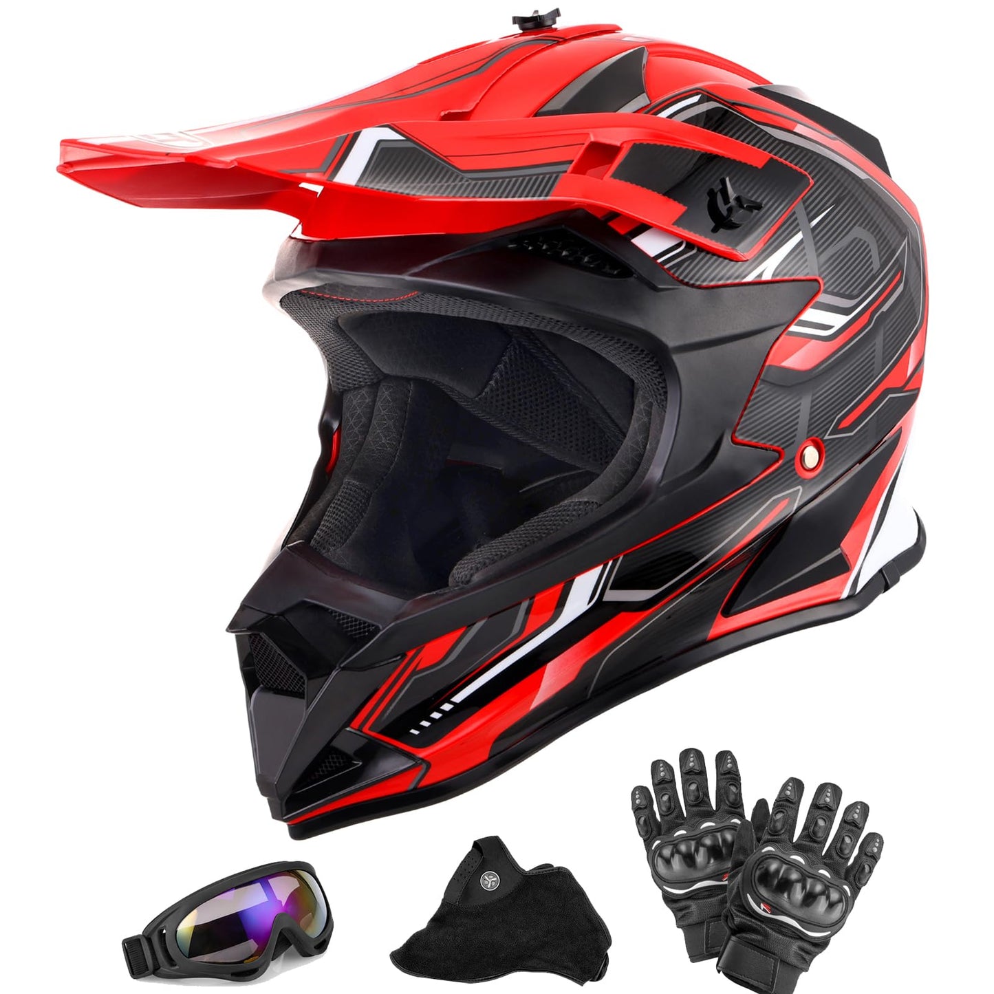 Adult Motocross Dirt Bike Helmet with Goggle, Gloves & Mask - DOT/FMVSS-218 Off-Road Motorcycle & ATV Helmet with Adjustable Sun Visor