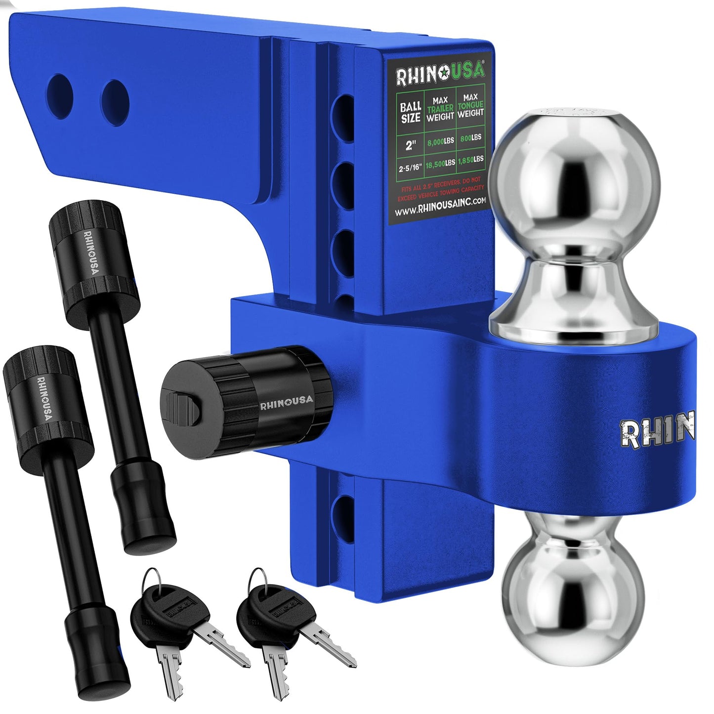 Rhino USA Adjustable Trailer Hitch (Fits 2-Inch Receiver) - Heavy Duty Aluminum Tow Hitches with 6-Inch Drop/Rise for Truck (12,500 LBS GTW) - Weatherproof Double Anti-Theft Locking Hitch Pins (Black)