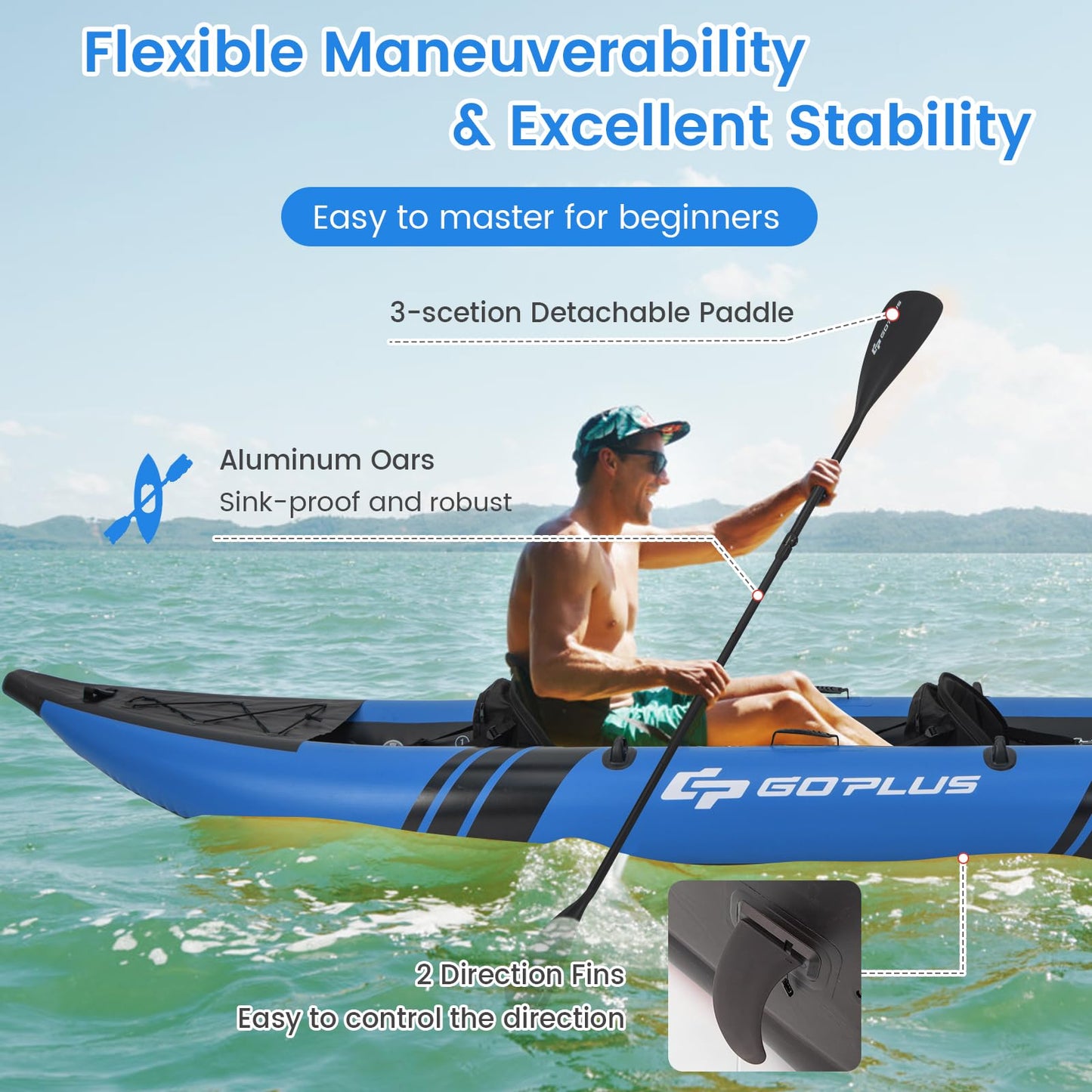 Goplus Inflatable Kayak, 2-Person Kayak Set for Adults with 507 LBS Weight Capacity, 2 Aluminium Oars, EVA Padded Seat, 2 Fins, Hand Pump, Carry Bag, Repair Kit, Portable Touring Kayaks