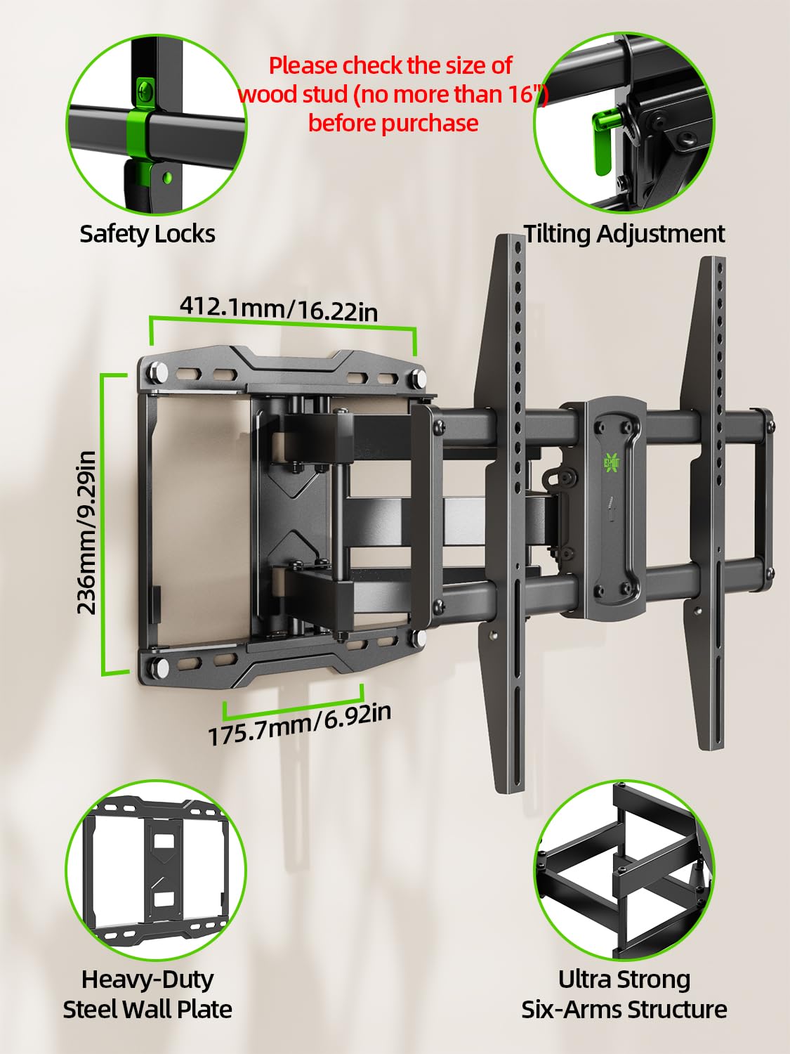 USX Mount Full Motion TV Wall Mount for 42-85 inch, TV Mount Swivel and Tilt,Wall Mount Bracket with Dual Articulating Arms Up to 132lbs, VESA 600x400mm, Max 16" Wood Studs, UL Listed XML019