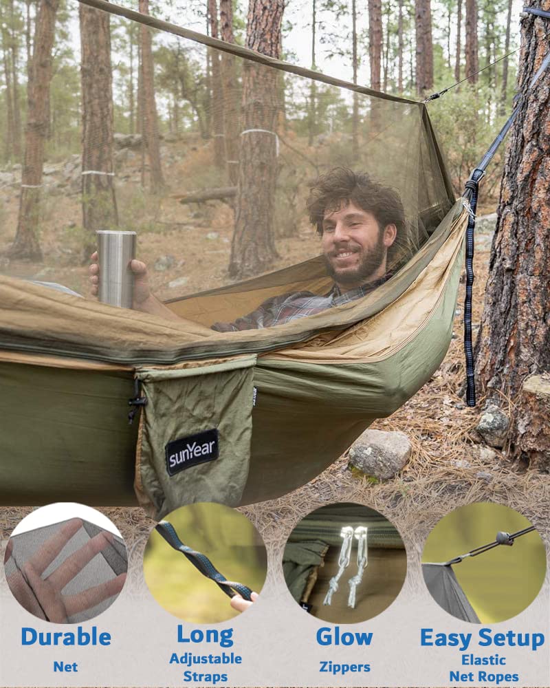Sunyear Hammock Camping with Rain Fly Tarp and Net, Portable Camping Hammock Double Tree Hammock Outdoor Indoor Backpacking Travel & Survival, 2 Tree Straps,100% Waterproof