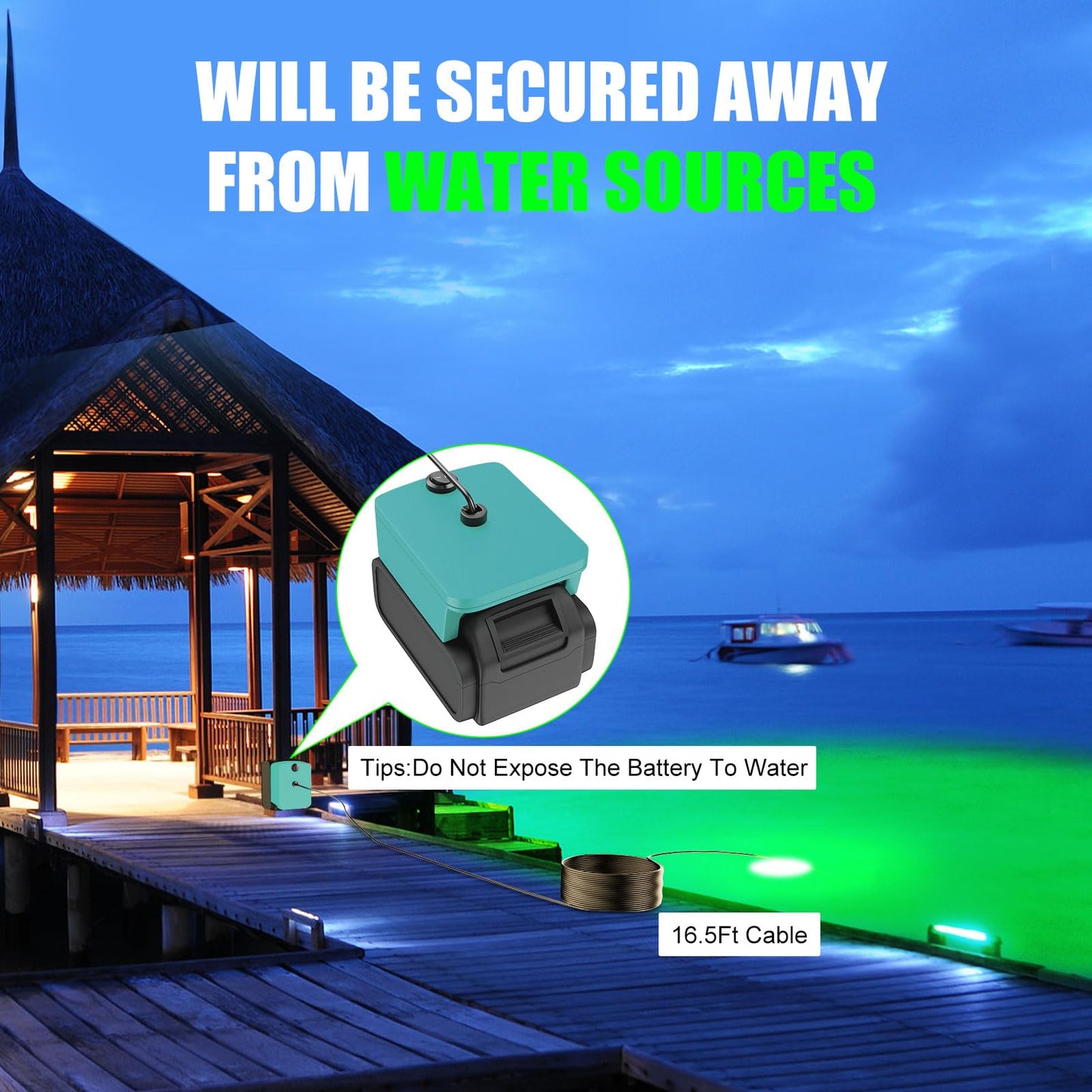 Underwater Fishing Light Compatible for Milwaukee 18V Battery,LED Green Light for 30W IP68 3000 Lumens Fish Attracting, Night Fishing for Docks Boats or Kayaks(no Battery)
