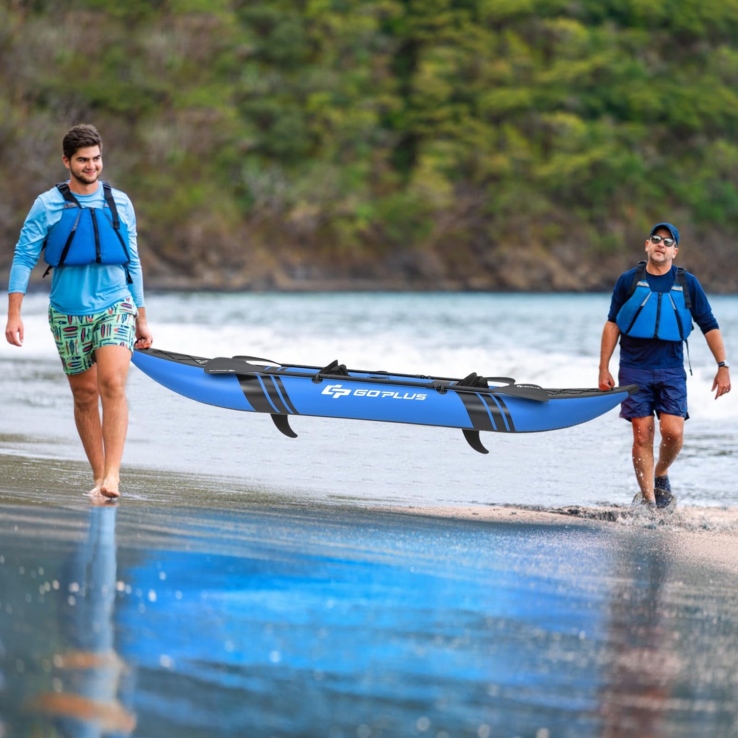 Goplus Inflatable Kayak, 2-Person Kayak Set for Adults with 507 LBS Weight Capacity, 2 Aluminium Oars, EVA Padded Seat, 2 Fins, Hand Pump, Carry Bag, Repair Kit, Portable Touring Kayaks