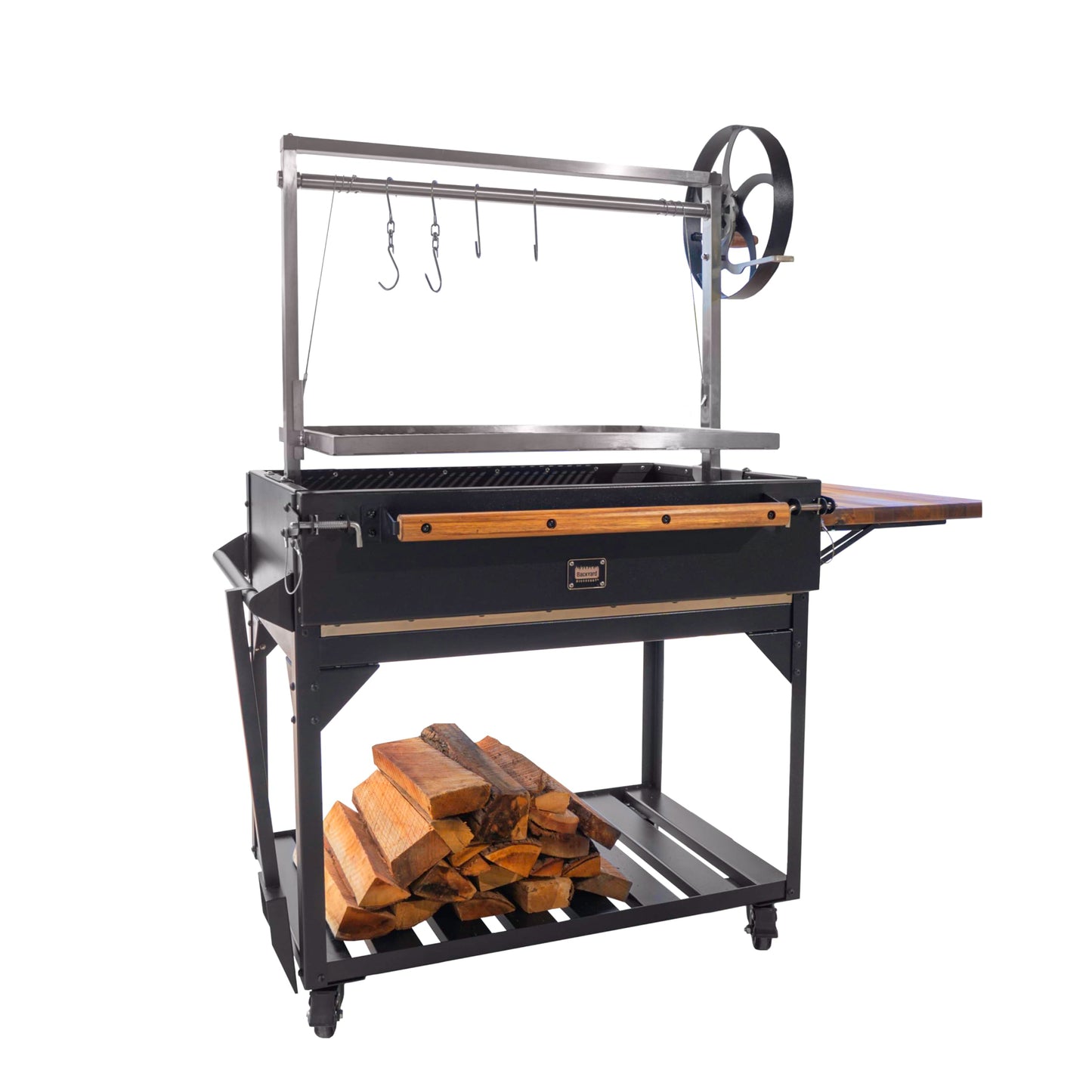 Backyard Discovery Argentine Santa Maria Wood Fire & Charcoal BBQ Grill with Brasero, Adjustable Grill Grates, Fire Bricks, Heavy-Duty Steel, S-Hooks, Acacia Wood Table for Outdoor Gaucho Grilling