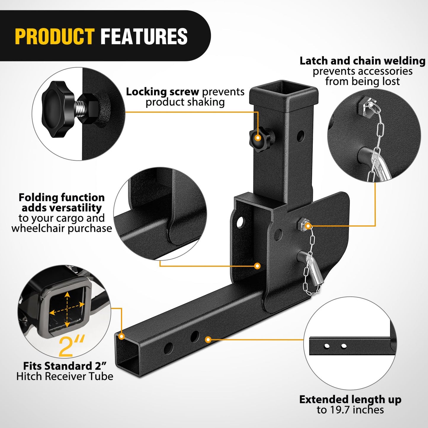Nilight Trailer Hitch Receiver Extender Adapter Reducer 1-1/4 to 2Inch Hitch Adapter 6-1/2 inch Extension Sleeve Convertor 350Lbs with 1/2-Inch Diameter Pin and Clip with 5/8-Inch Adapter